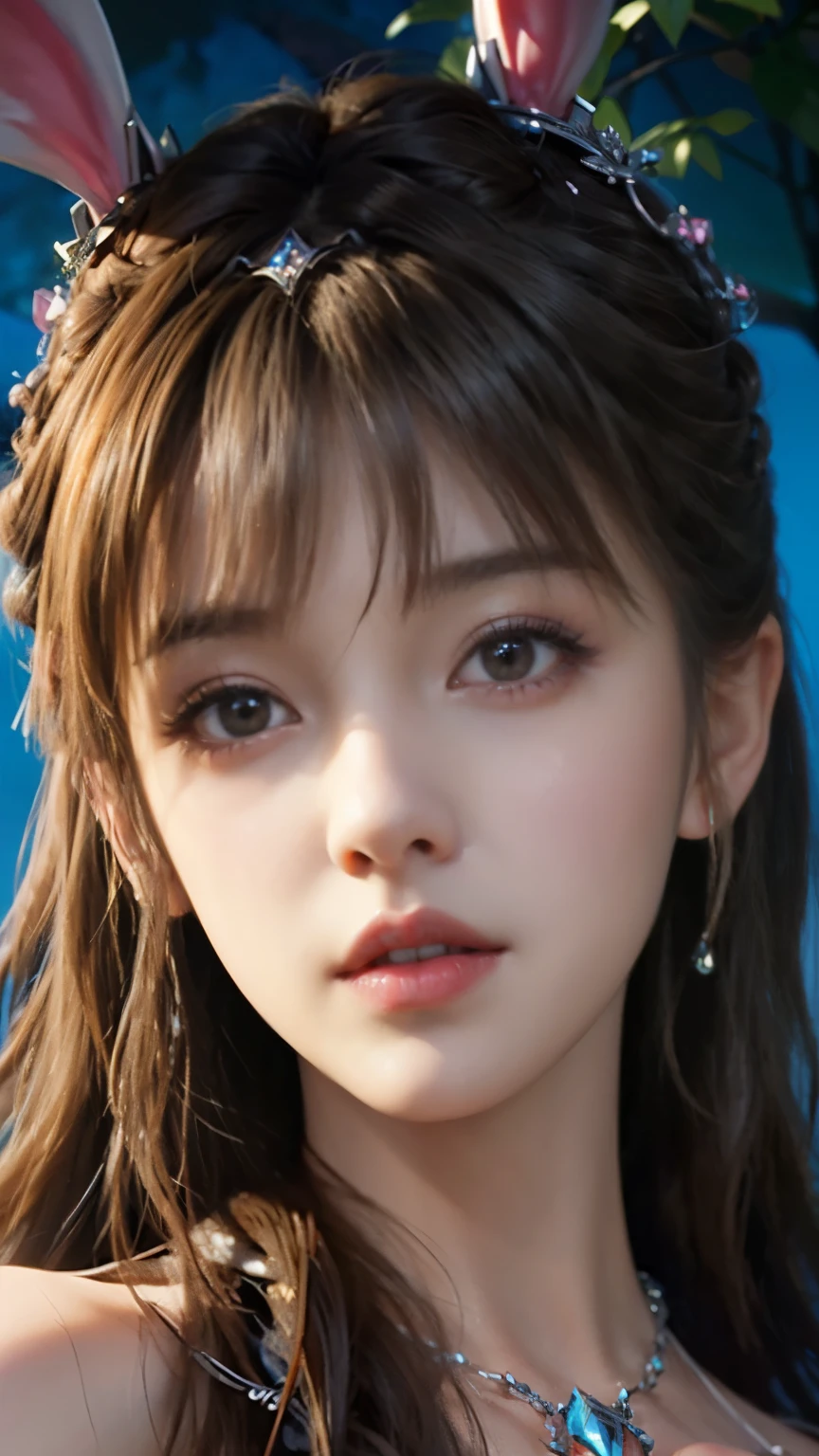 Close-up of a woman with rabbit ears and a sword, Queen of the Sea Mu Yanling, Zodiac Girl Knight Portrait, Lineage 2 style, Smooth anime CG art, Game CG, beautiful fantasy queen, Complex and gorgeous anime CGI style, drank, Close up view of goddess, anime goddess, dead, Realistic anime girl rendering,huge breasts,Larger breasts,Hollow clothes,transparent clotheore transparency,amazing breast size,Raised nipples,bareness breasts,Extensive nudity,More nudity,Expose more breasts,bareness,big ass