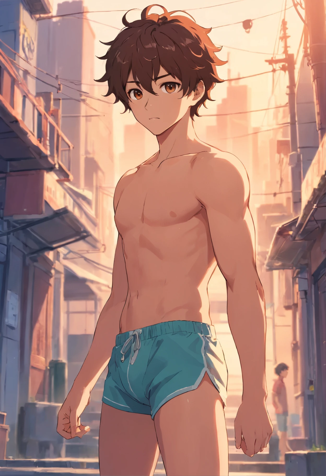 Masterpiece, best quality, lightskin boy with brown curly hair brown eyes, posing, in his boxers,