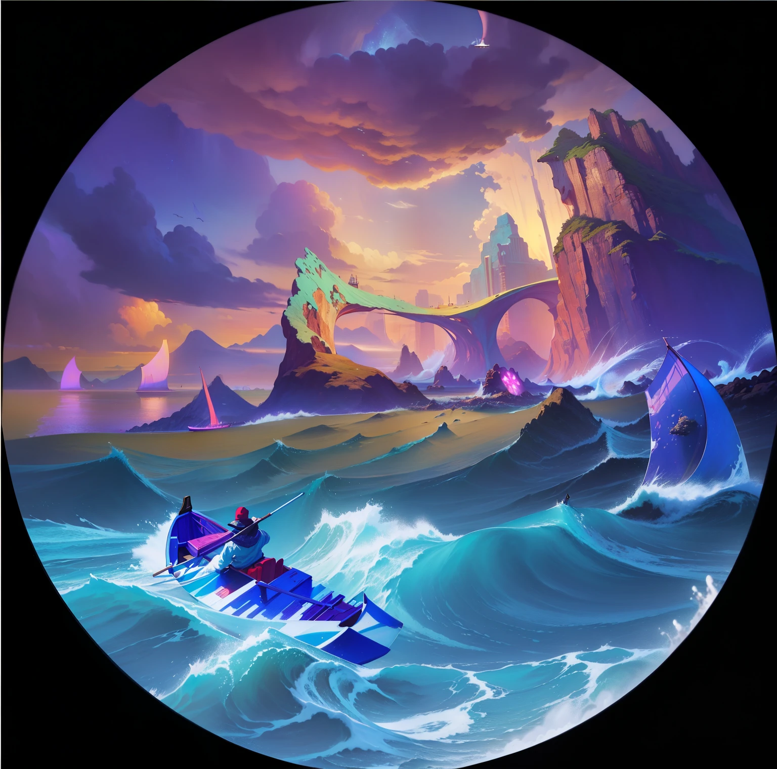 Painting of a man rowing a boat on the sea，The background is a mountain, dream seascape, Vaporwave surreal ocean, vaporwave ocean, Chaotic sea environment, Rotate scene, landscape artwork, Colorful concept art, Inspired by Cyril Rolando, 8k high quality detailed art, fantastic numbers, landscape art detailed, proper style, background art