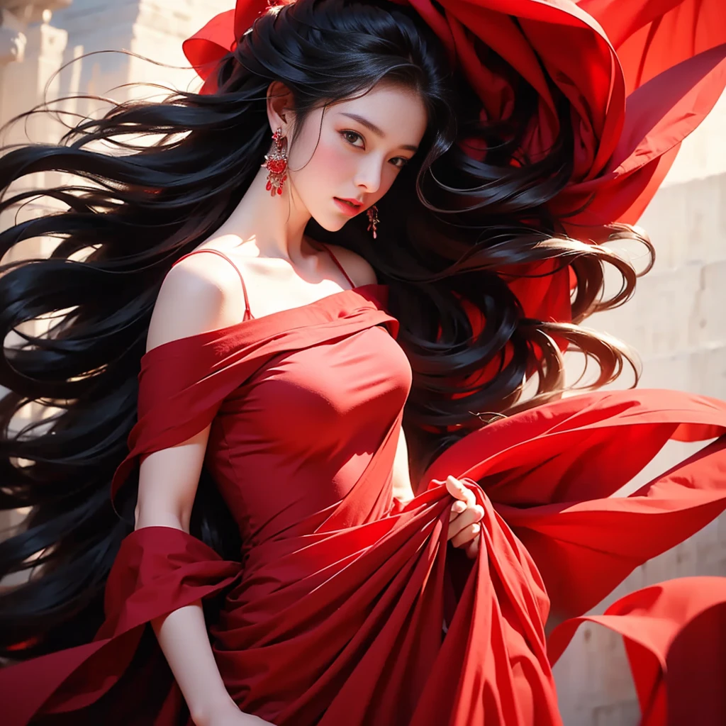 1 female, 18 years old, full body portrait, black hair, flowing hair, hazy beauty, Has extremely beautiful facial features, red dress, ,  , (spring,Terraces, ), Simple vector art, , soft light, layered form, look down