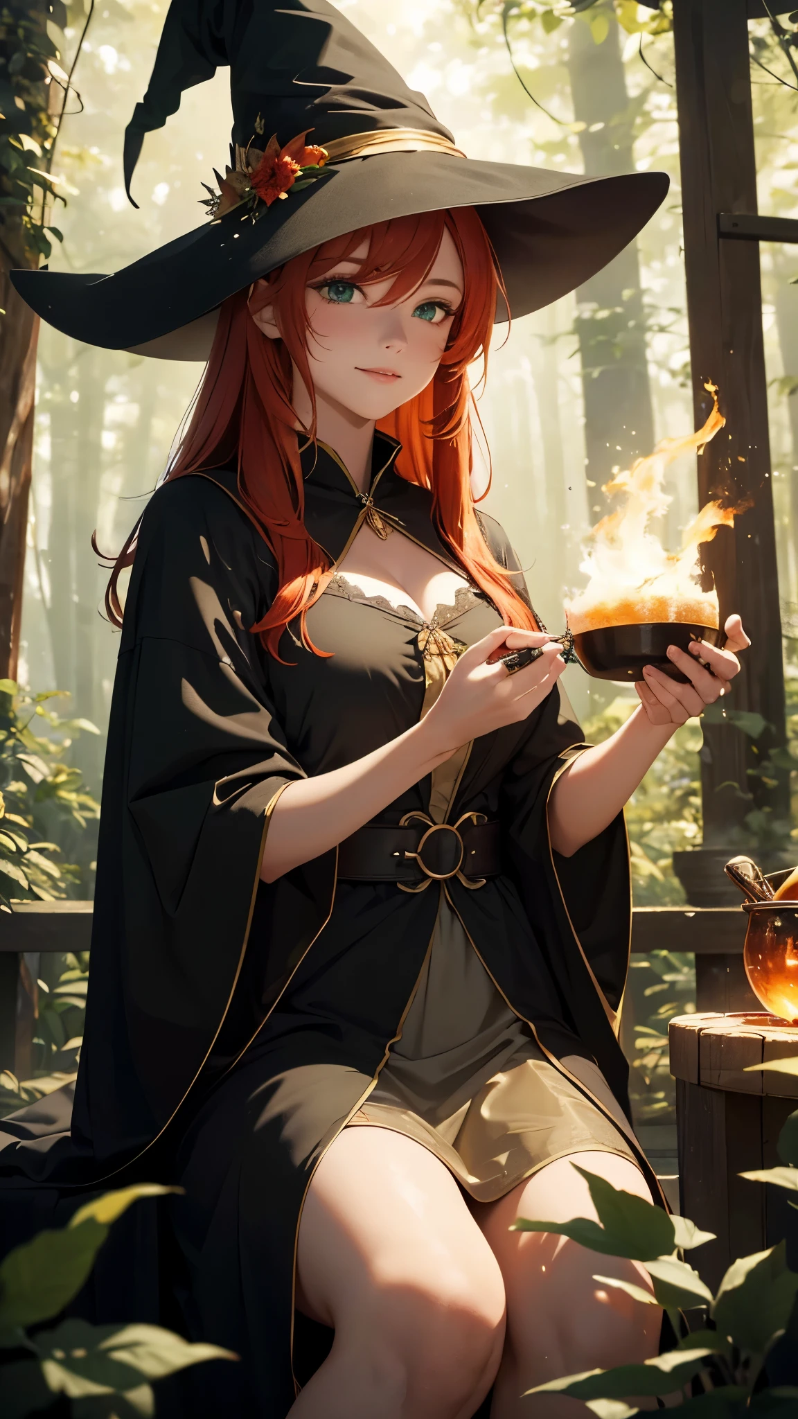 (Best Quality,4k,8K,hight resolution,Masterpiece:1.2) ,Passion for ritual, ((Film grain, bokeh, light particles ,Dust, Extreme camera angle)),(extremely detailed 8K wallpapers), Full-length painting, Forest glade, A beautiful witch brews a potion in a cauldron over a fire, Focused gaze on a beautiful face, stirs kvass, Flames give glare on the body and face, Witch's Hat, Green eyes, redhead hair, ssmile