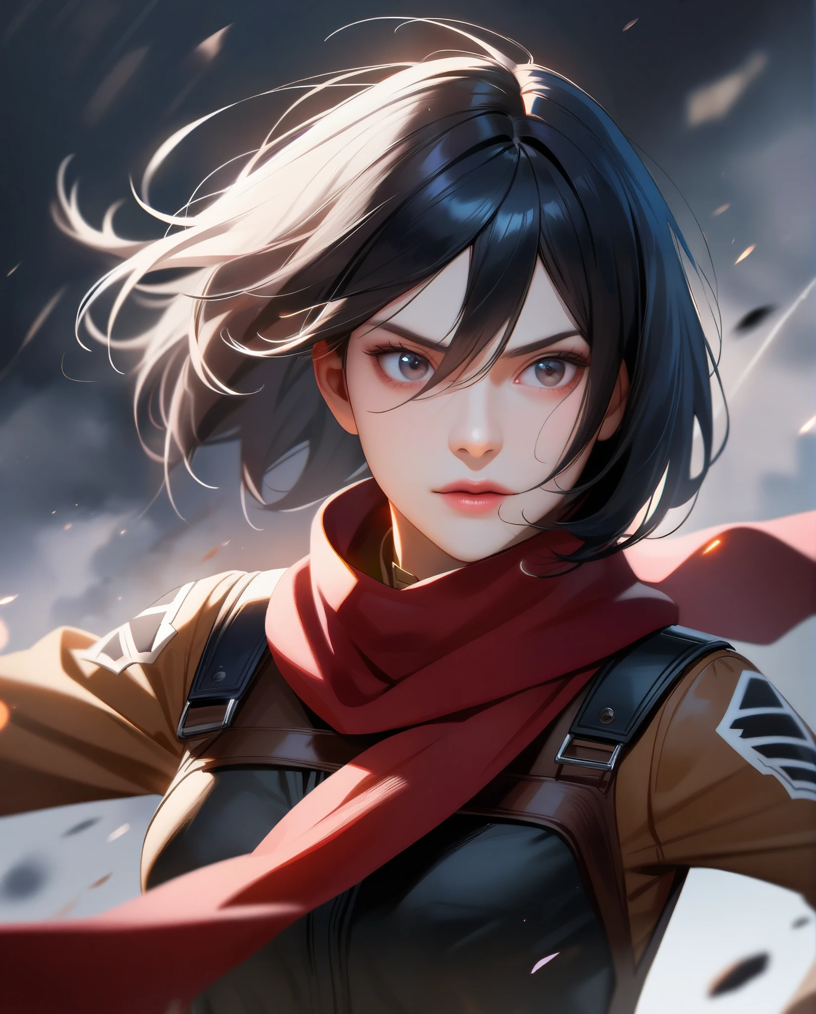 anime girl , a red scarf on, mikasa ackerman, attack on titan , Short hair,warrior combat uniform,black color hair,Short hair, beautiful realistic potrait , upper body, dynamic pose
