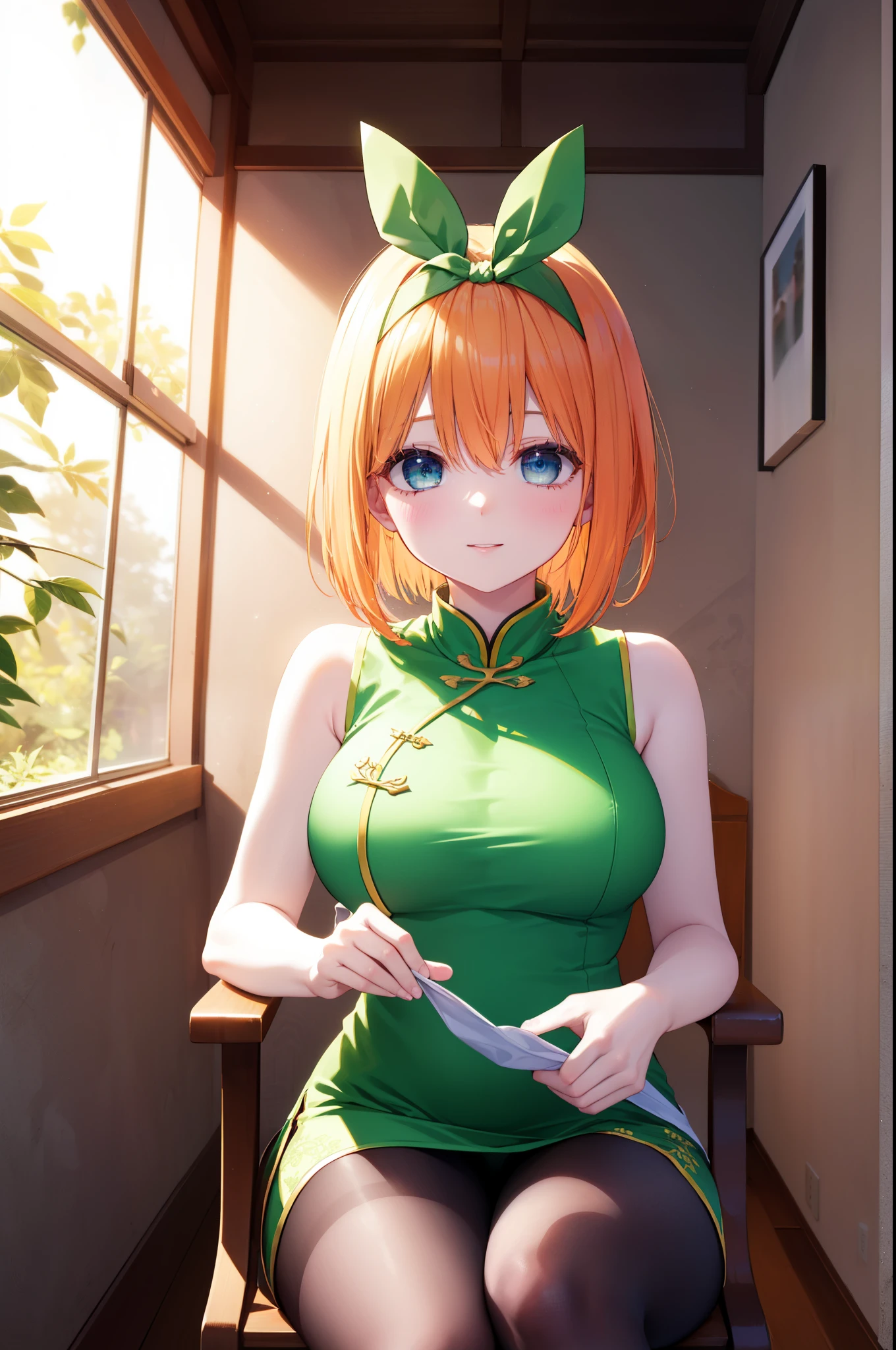 yotsubanakano, yotsuba nakano, bangs, short hair, blue eyes, hair between eyes, hair ribbon, hair band, orange hair,big breasts, green ribbon, bow, ribbon, green ribbon, green sleeveless cheongsam,green slit skirt,black pantyhose,stiletto heels,sitting cross-legged on a chair,sexy pose,happy smile, smile, 口を開ける
break looking at viewer,
break indoors, chinese style indoor,
break (masterpiece:1.2), highest quality, High resolution, unity 8k wallpaper, (shape:0.8), (fine and beautiful eyes:1.6), highly detailed face, perfect lighting, Very detailed CG, (perfect hands, perfect anatomy),