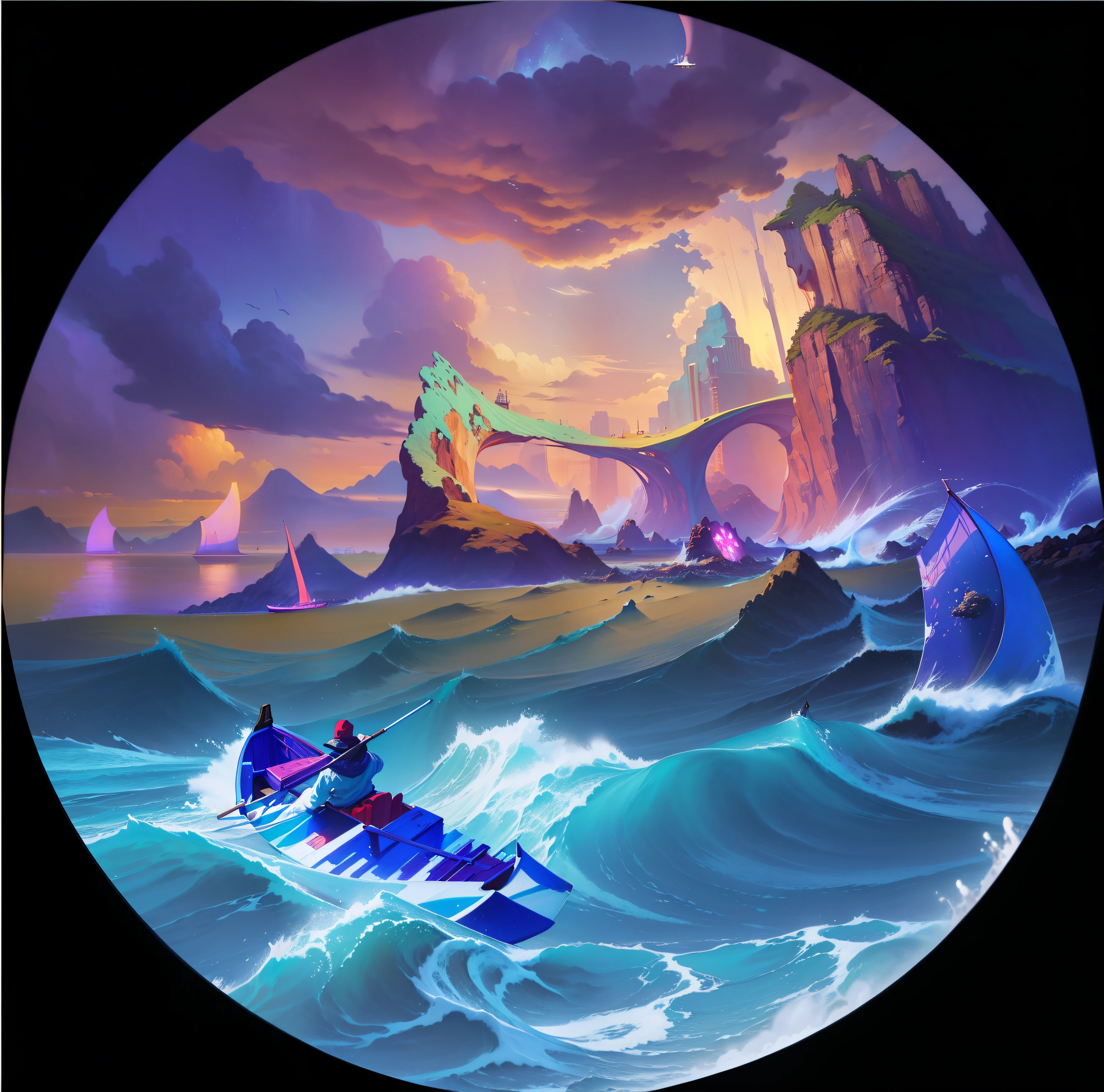 A painting of a man rowing a boat on the sea,The background is a mountain, dream seascape, Vaporwave surreal ocean, vaporwave ocean, Chaotic ocean environment, Rotate scene, landscape artwork, Colorful concept art, Inspired by Cyril Rolando, 8k high quality detailed art, fantastic numbers, Landscape art details, correct style, background art