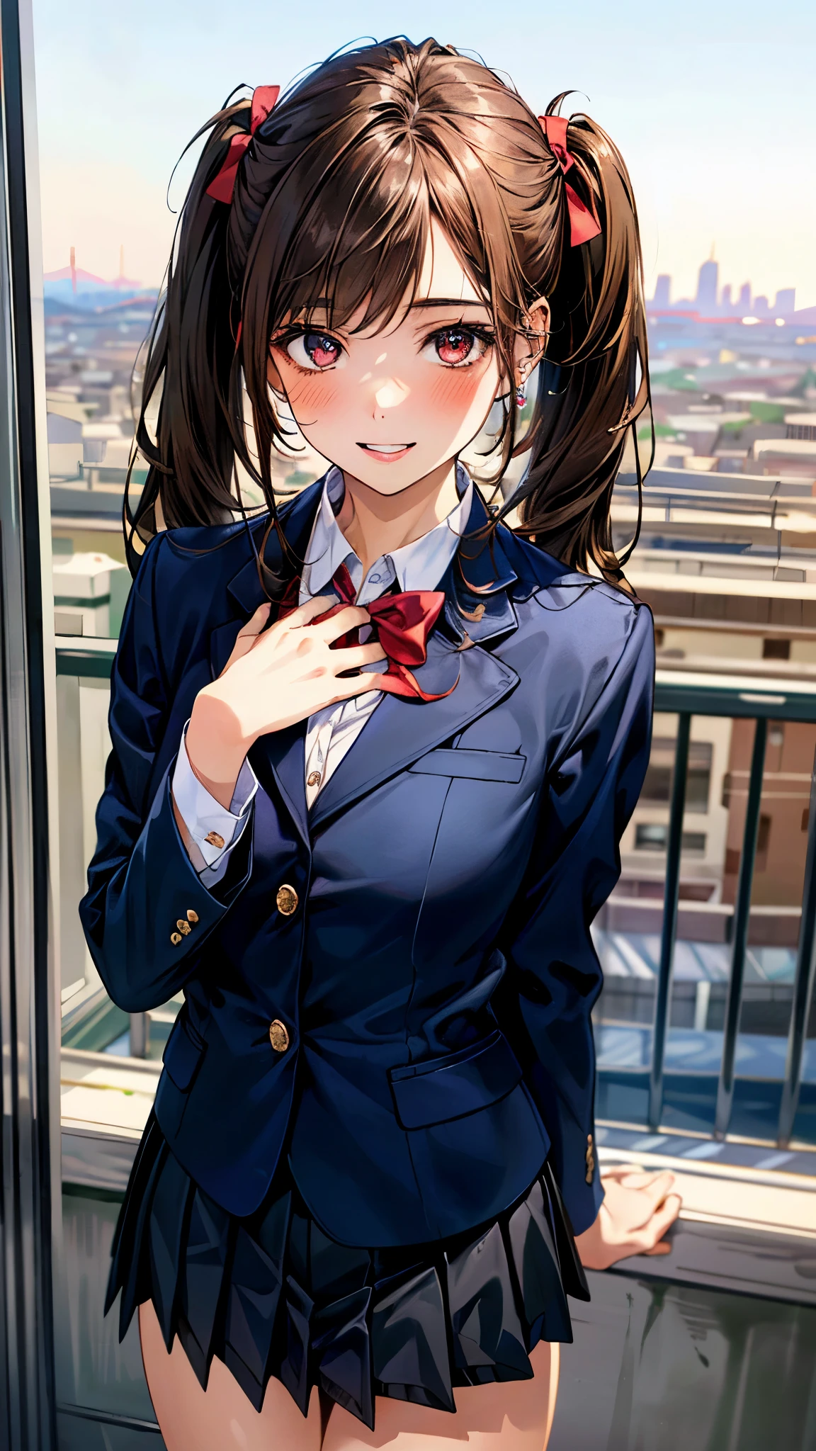 (masterpiece:1.3, top-quality, ultra high res, ultra detailed), (realistic, photorealistic:1.4), beautiful illustration, perfect lighting, colorful, depth of fields,
beautiful detailed hair, beautiful detailed face, beautiful detailed eyes, beautiful clavicle, beautiful body, beautiful chest, beautiful thigh, beautiful legs, beautiful fingers,
looking at viewer, front view:0.6, 1 girl, japanese, high school girl, perfect face, (perfect anatomy, anatomically correct), cute and symmetrical face, babyface, , shiny skin,
(long hair:1.5, twintails:1.5, rosy brown hair), asymmetrical bangs, brown eyes, long eye lasher, (medium breasts), slender,
((navy blazer, collared white shirt, navt pleated skirt)), dark red bow tie, piercing,
(beautiful scenery), evening, (city, cityscape in the distance), standing, (hand on chest), (happy smile, parted lips),