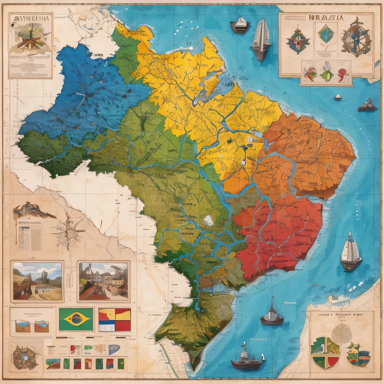 Draw a map of Brazil divided into 5 nations and 13 clans. Each nation and clan must have unique characteristics marked on the map, the 13 regions, como recursos naturais, capacidades militares, Futurism, moderno, anime, anaglyph, profundidade de campo, fronteira, emoldurado, Opostos polares, detalhes altos