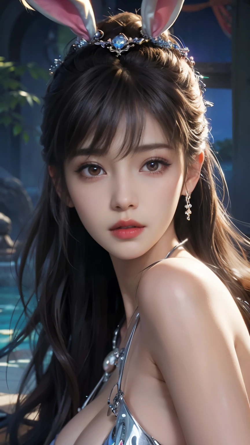 Close-up of a woman with rabbit ears and a sword, Queen of the Sea Mu Yanling, Zodiac Girl Knight Portrait, Lineage 2 style, Smooth anime CG art, Game CG, beautiful fantasy queen, Complex and gorgeous anime CGI style, drank, Close up view of goddess, anime goddess, dead, Realistic anime girl rendering，huge breasts，Larger breasts，Hollow clothes，transparent clotheore transparency，amazing breast size，Raised nipples，bareness breasts，Extensive nudity，More nudity，Expose more breasts，bareness，big ass