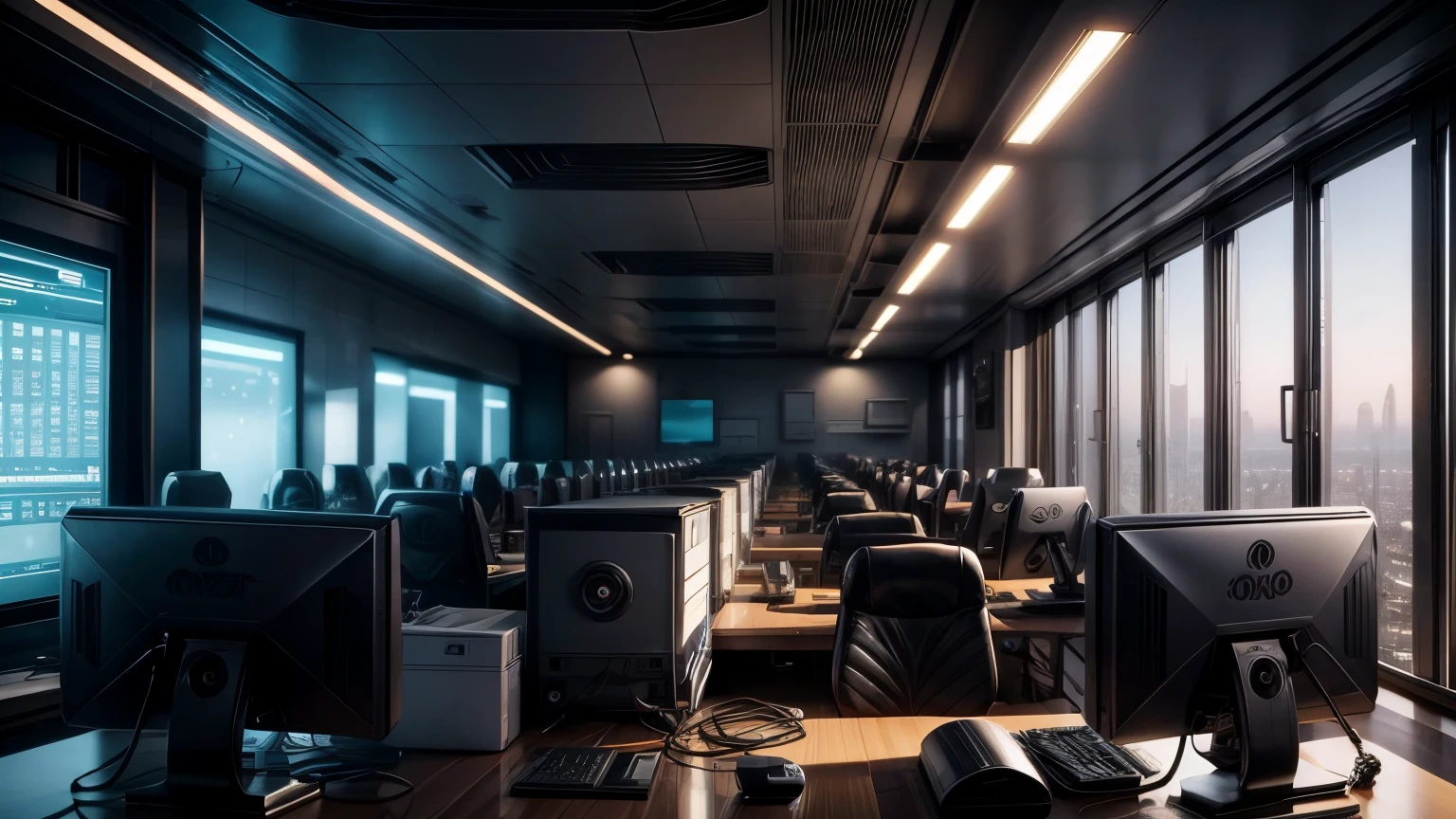 A future scene where computers play a role in many people's lives. It's a scene full of technology in the heart of the city.