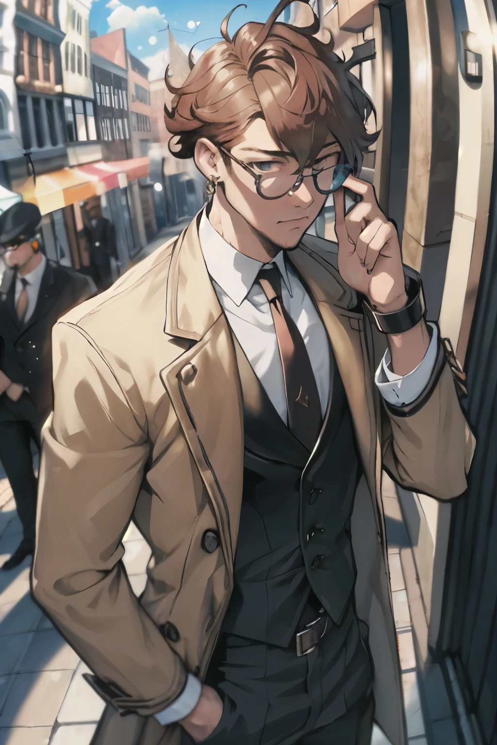 masterpiece,best quality,(1man:1.3), 25 years old,short hair,colored tips,curly hair,colored glasses,earings,gun,tie,topless,corset,mafia style,handcuffs,wrap coat,street,from above,(dutch angle, fisheye),lens flare,depth of field 