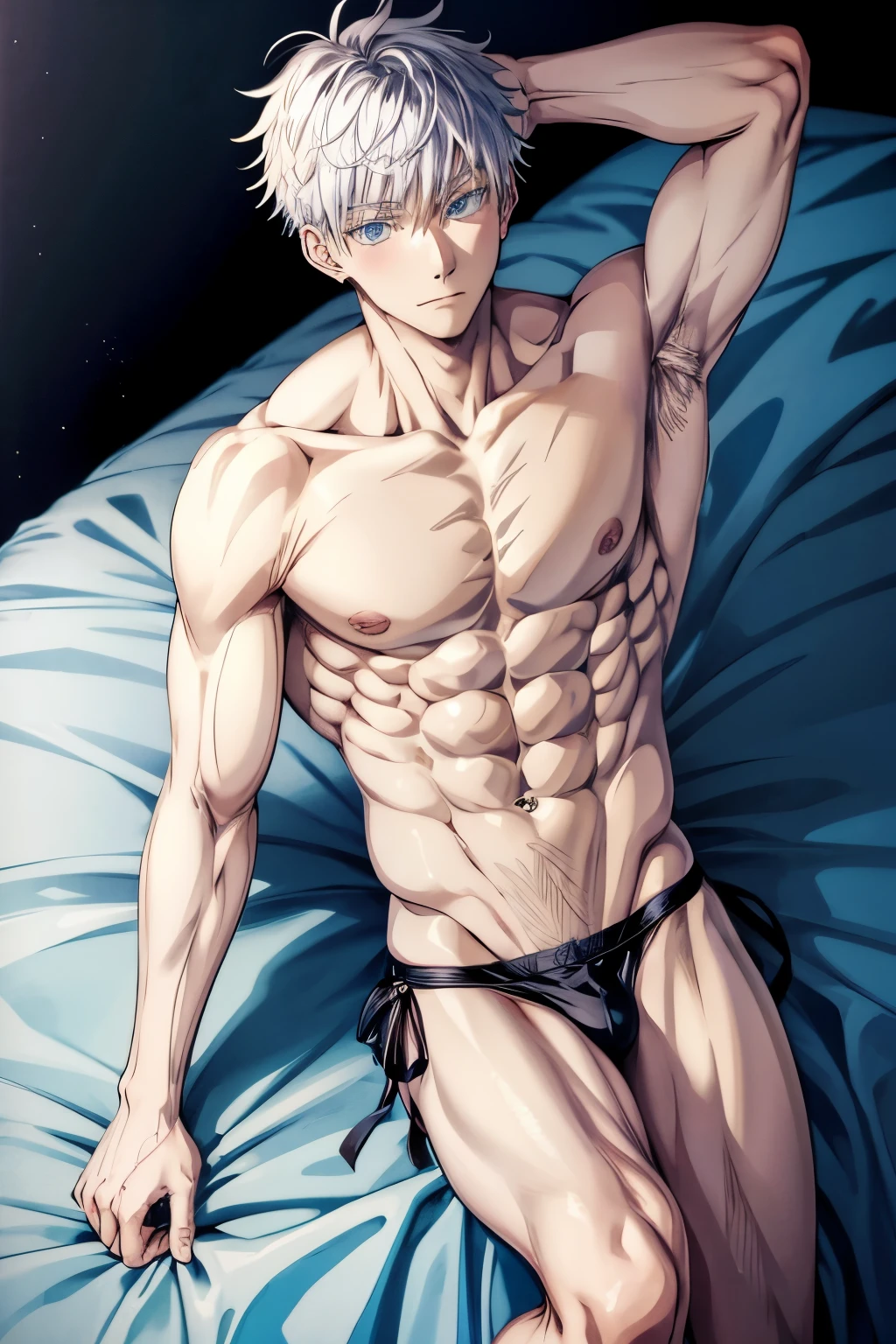 Anime guy satoru Gojo with a nacked torso
White hair and blue eyes
Lying on the bed