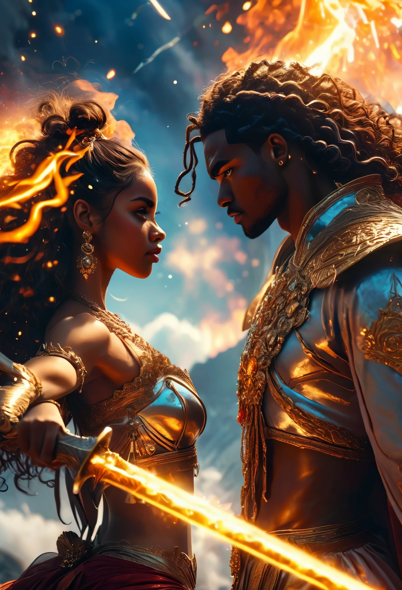 In a celestial dreamy landscape, people dressed luxuous, differents faces, very beautiful, they are all darkskin african, (((young, in 20's))) (((two brown skin men and two brown skin woman))), (((two young brown skin long dark hair duke:1.3))), (((one brown skin dark hair woman))) and (((one brown hair woman1.3))), (they are two différent and separate couple1.2). (Two couple of four people:1.2). The first couple is a brown skin duke long dark curly hair with a dark short hair woman. The second couple is a brown skin duke curly dark hair with a short brown hair woman, (((dark hair brown skin woman and brownskin:1.5))) trying to kill him with luminous swords, dangerous scene, war, battle, luminous lance, chaos, fire and fury, 8K, extremely detailed, high quality, (photorealistic:1.37), Full body, vibrant colors, perfect lighting, soulful expressions, celestial aura, majestic presence, dreamlike atmosphere, 8 k artistic photography, photorealistic concept art, soft natural volumetric cinematic perfect