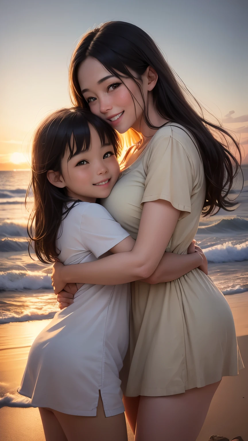 parents hugging their children、Smiling、love、smile,
background:evening sandy beach
(full shot)
"(setting):(best quality),(masterpiece),(detailed),(ultra detailed),(insanely detailed),(ultra-quality),(highly detailed),(FHD)"