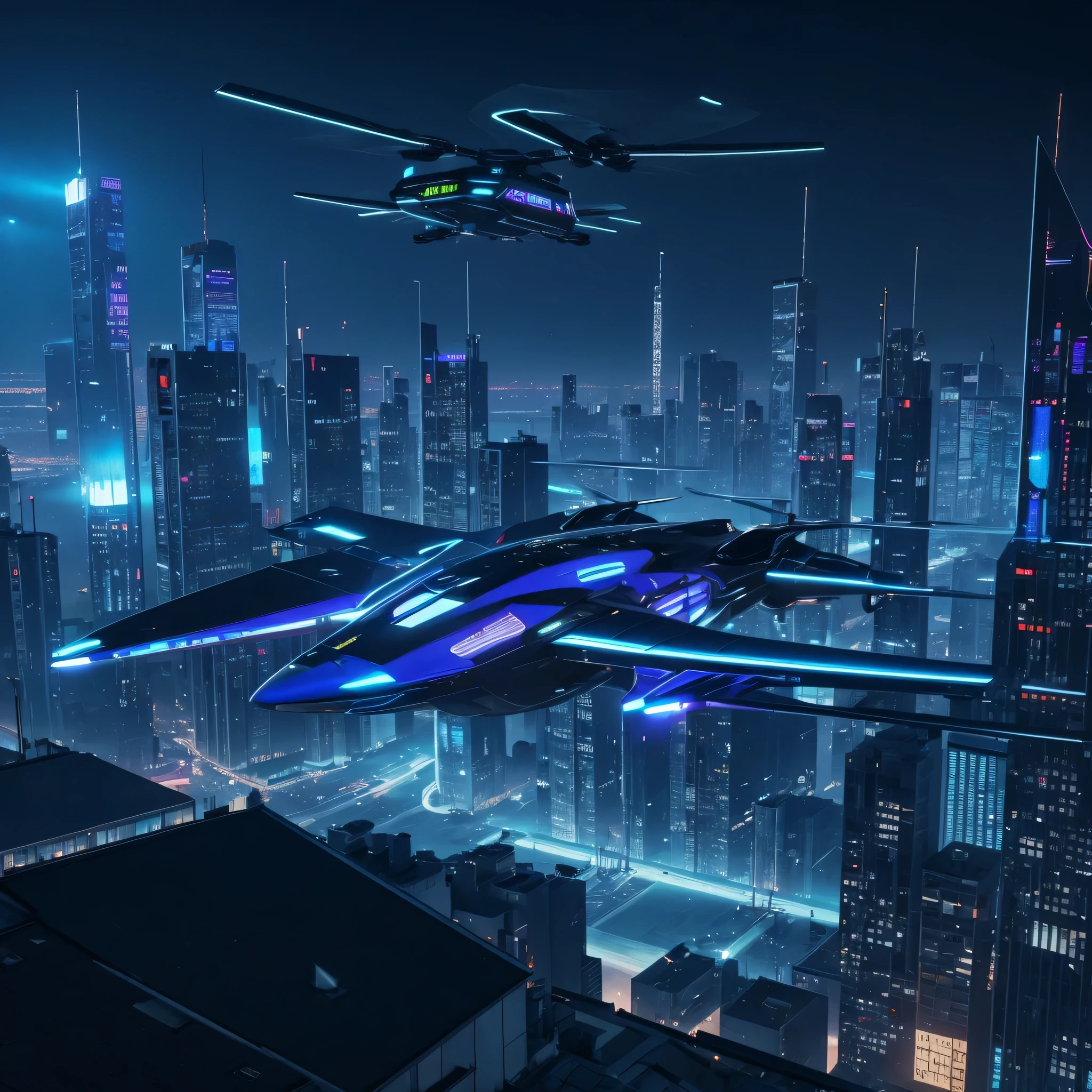Ville de nuit, Cyberpunk,Grand immeuble, an air route with a flying taxi, The colors are based on blue, ((futuriste)) et (mechanical) environnement, 4K