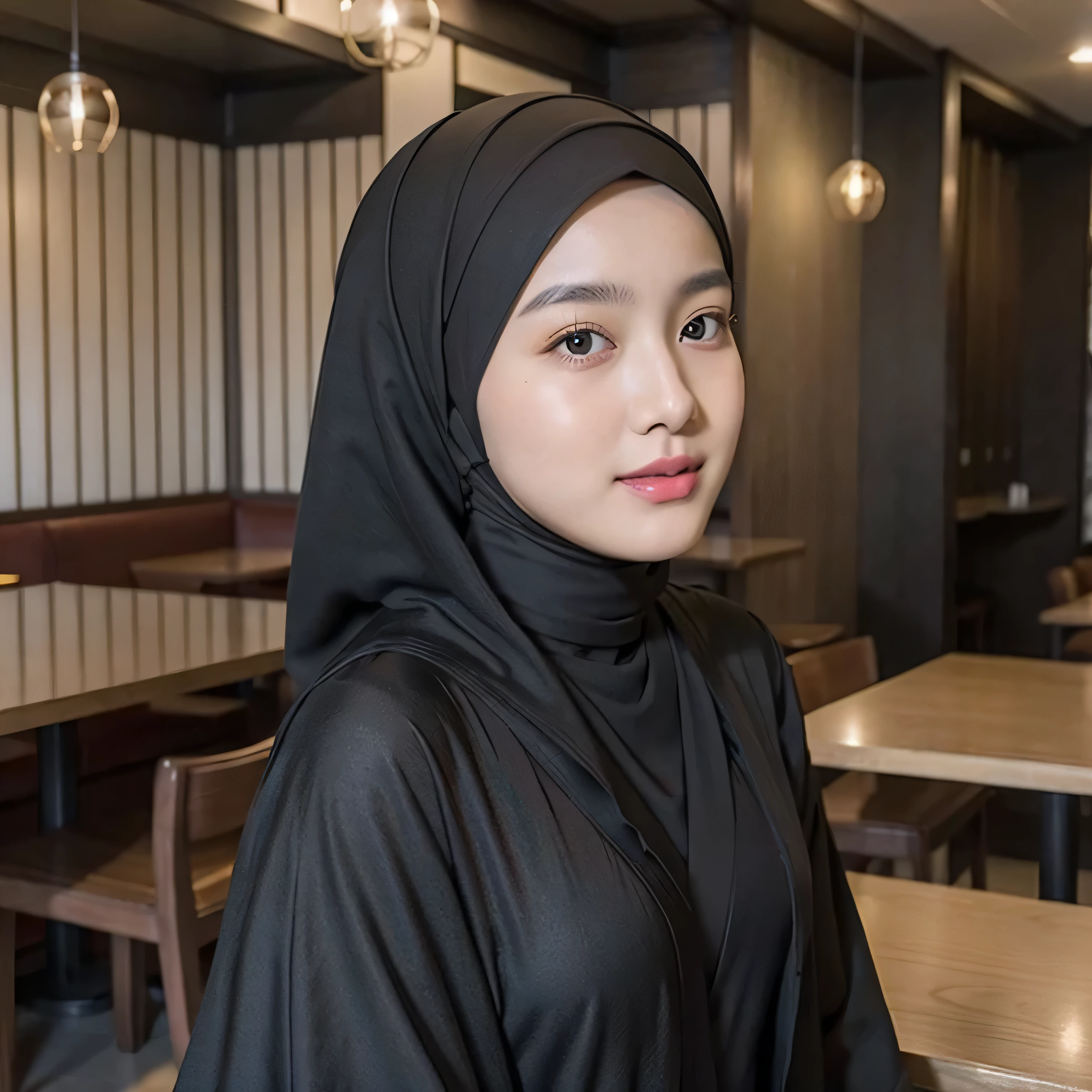 beautiful muslim, hijab, twirling hijab, fully covered robe, 16 years old japanese girl, 165cm height, black matte hijab, in a reastaurant, looking to viewer,