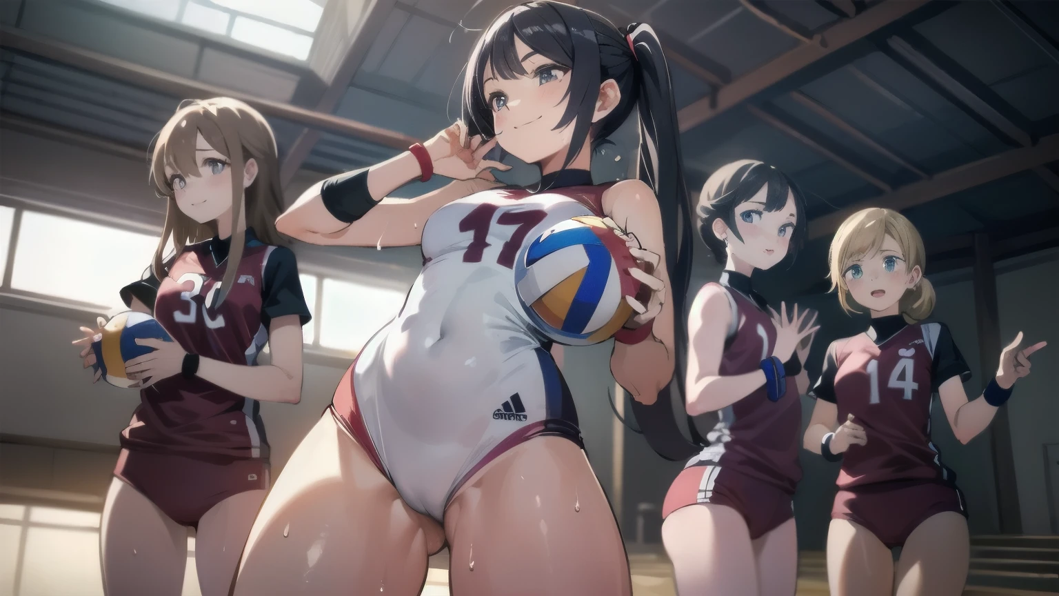 unity 8k wallpaper, anatomically correct, (((masterpiece))), (((best quality))), (((ultra detailed))), (((high-resolution))), ((super fine illustration)), ((Ultimate cutie)), ((detailed beautiful face)), perfect hands, perfect finger, (((good anatomy))), BREAK, multiple girls, lovingly gaze, harem, group picture, , (potbelly), (Curve), medium breasts, ((tighs)), Shiny hair, (((coquettish smile)))((blush))), BREAK, Adidas, Sleeveless collared Volleyball Uniforms, ((wristbands)), BREAK, (Hold the beautiful spherical 6-inch volleyball), ((Sweat)), (perspired), (Heavy breathing), in gymnasium, in volleyball court, depth of field, strong light, cowboy shot,,
