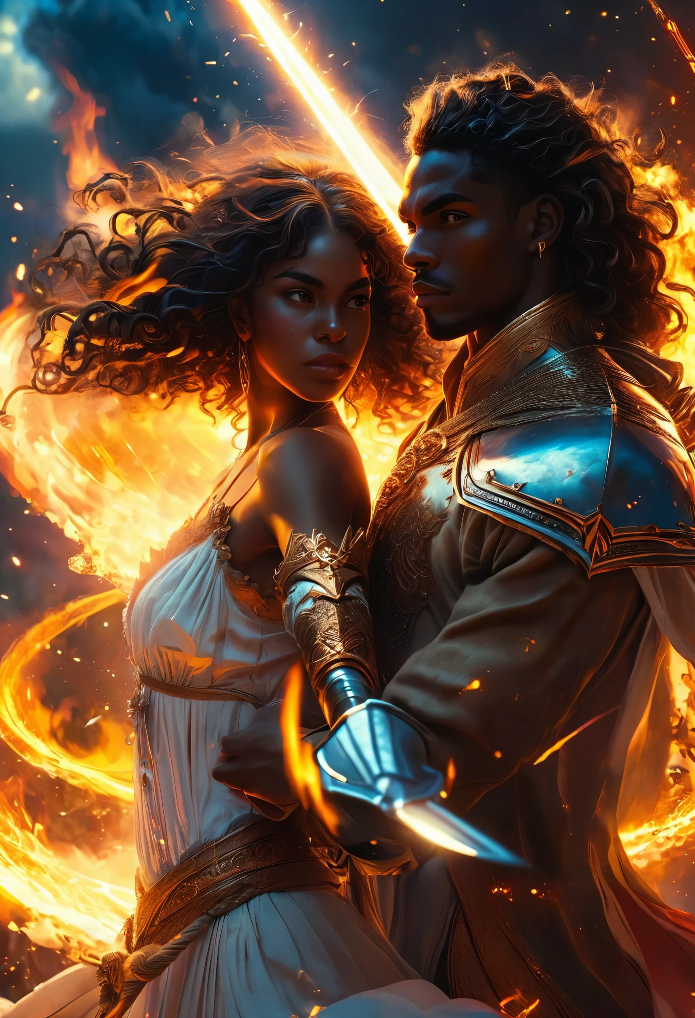 In a celestial dreamy landscape, people dressed luxuous, differents faces, very beautiful, they are all darkskin african, (((young, in 20's))) (((two brown skin men and two brown skin woman))), (((two young brown skin long dark hair duke:1.3))), (((one brown skin dark hair woman))) and (((one brown hair woman1.3))), (they are two différent and separate couple1.2). (Two couple of four people:1.2). The first couple is a brown skin duke long dark curly hair with a dark short hair woman. The second couple is a brown skin duke curly dark hair with a short brown hair woman, (((dark hair brown skin woman and brownskin:1.5))) trying to kill him with luminous swords, dangerous scene, war, battle, luminous lance, chaos, fire and fury, 8K, extremely detailed, high quality, (photorealistic:1.37), Full body, vibrant colors, perfect lighting, soulful expressions, celestial aura, majestic presence, dreamlike atmosphere, 8 k artistic photography, photorealistic concept art, soft natural volumetric cinematic perfect 
