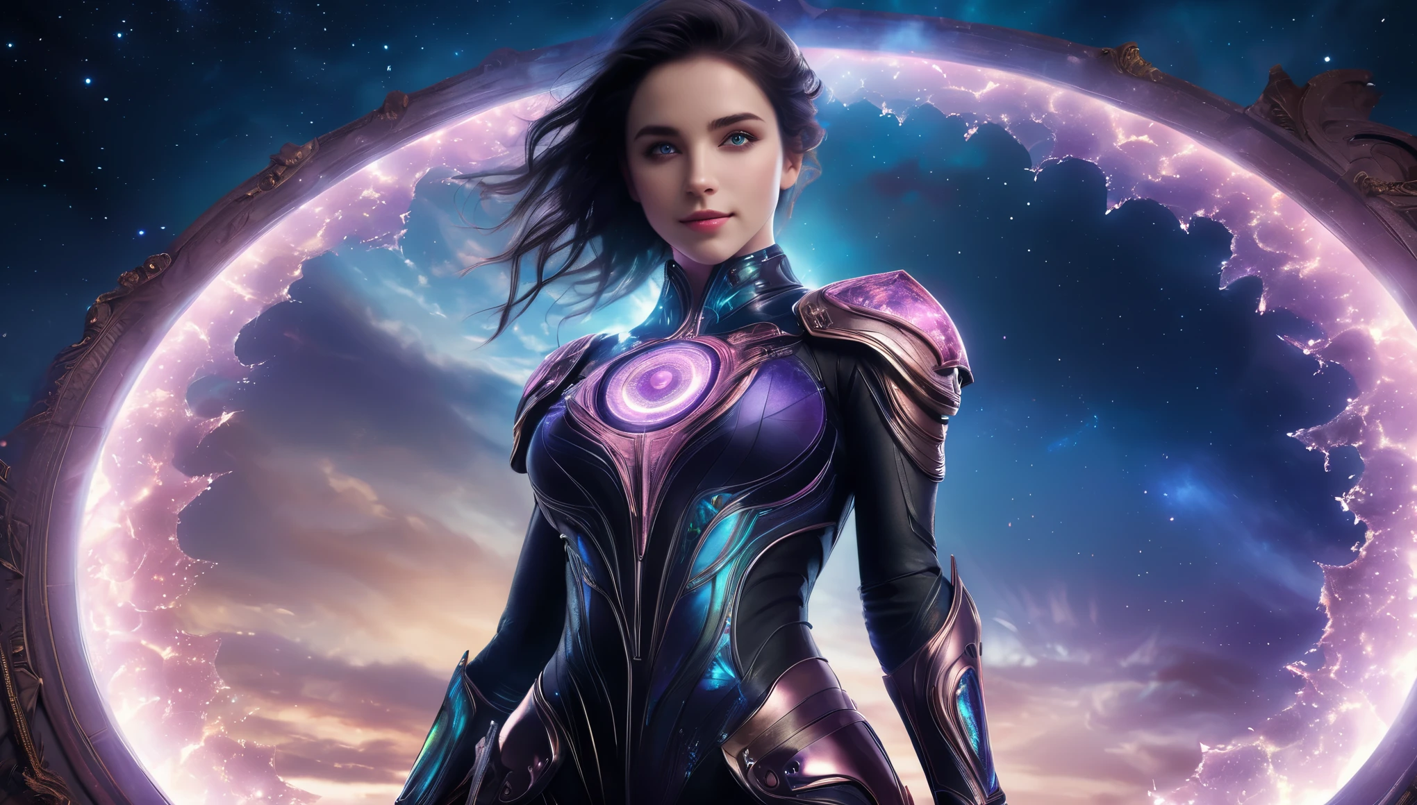 (1 beautiful teenage Italian girl),(wears iridescent bodysuit with beautiful fractal or marble design:1.5),(She wears gauntlets with a detailed and very beautiful design decorated with jewels:1.6), ((She is showing her armpits:1.6)), (erotic pose:1.6), (model pose:1.6), incredibly spectacular scene, ((high quality)), ((fantasy)), blue plasma brain, green plasma body, obscene, average, (despicable:1.2), (immoral:1.2), (Small breasts with beautifully raised pink areolas:1.5), (expression of ecstasy:1.2), hyper realistic photo, official art, Unity 8K Wallpaper, 8K portrait, high quality, very high resolution, (incredibly beautiful nature background:1.6), (18-year-old:1.5), (sexy and glamorous:1.1), (coquettish expression:1.6), (smile seductively:1.6), beautiful seductive face, portrait, (thick eyebrows:1.4), Beautiful eyes with high bilateral symmetry, (highly detailed eyes:1.4),(highly detailed face and eyes:1.7), (High resolution Amethyst eyes:1.6),  (Super detailed skin texture:1.4), super detailed pale skin, perfect anatomy, thin, (Beautiful muscular toned body:1.6), highly detailed jet black hair,  (moist skin:1.2), no makeup, (Bear:1.1), excellent anatomy, Focus plane, good looking, (Emilia clarke:0.1) (Emma watson:0.3),(Jennifer connelly:0.24),  (A delicately crafted necklace is wrapped around her neck), (Bioluminescence with a brilliant glow:1.4), (Shining magic circle:1.5), ruins of an ancient castle, Shining majestic clouds and sky, lightning, spectacular realistic, (Greg latkowski:0.8), (teal and orange:0.4), (art station:1.5), cinematic, (NSFW:1.6), dramatic light, (intricate details:1.1),Milky Way, (nebula:1.6), dark Knight, Focus on fully armored body