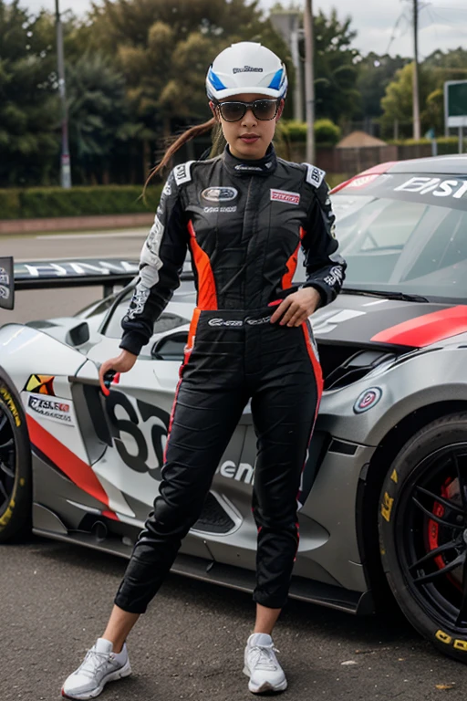 a girl in driving clothing,racing car,casque,confidant standing,best quality,utra realistic,detailed
