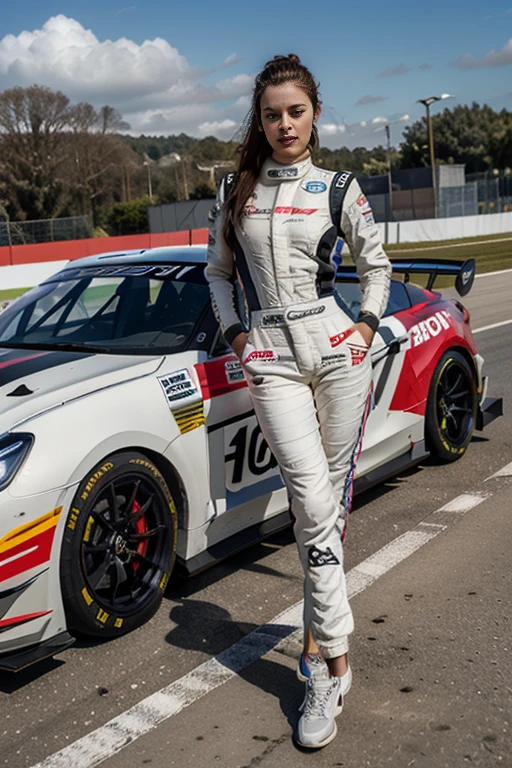 a girl in driving clothing,racing car,casque,confidant standing,best quality,utra realistic,detailed