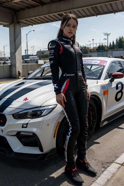 a girl in driving clothing,racing car,casque,confidant standing,best quality,utra realistic,detailed