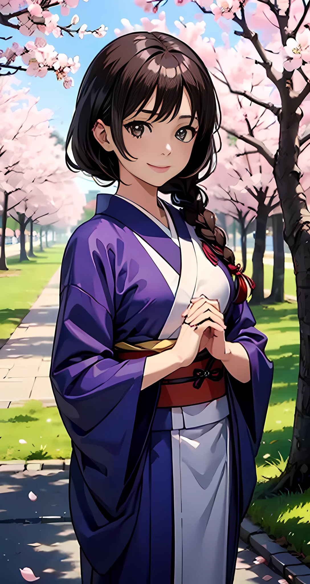 (8k, anime, Melhor qualidade) , "Portray Yuri Sakazaki wearing a traditional Japanese kimono. She has braided brown hair and is standing with her hands holding the sleeves of her kimono.. Seu rosto exibe um sorriso gentil e seus olhos brilham. She is under the cherry trees during Hanami , celebrando a beleza da primavera."