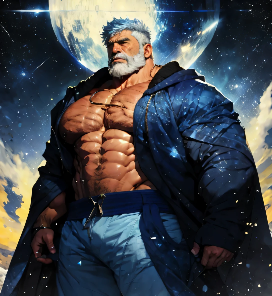 A big one, muscular old man，Fifty-five years old，royal blue tights，gold trim，He exposed his muscular chest，He showed off his great pecs，Energetic，Behind him are the brilliant starry sky and the cold polar regions