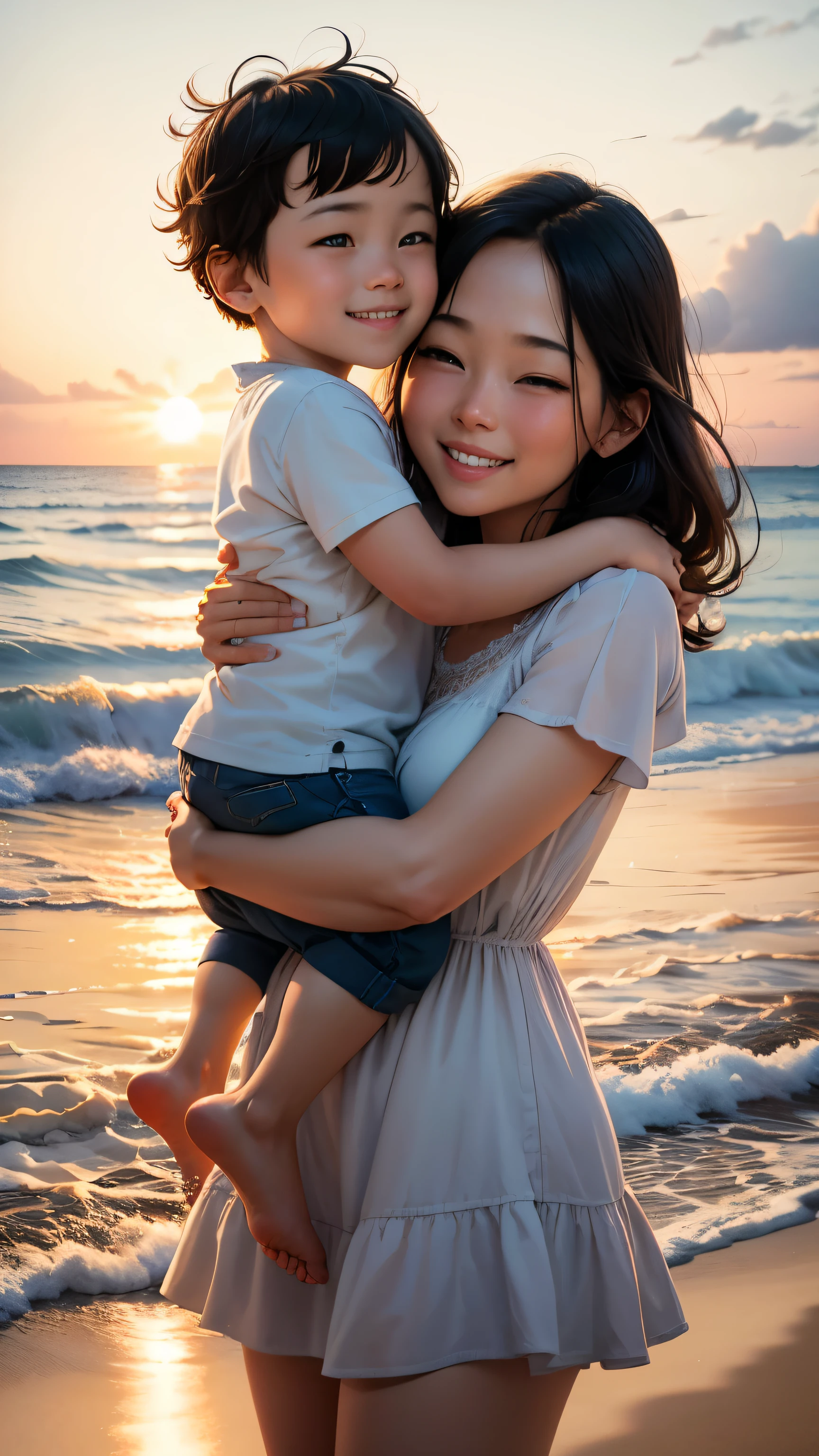parents hugging their 、smile、like、smile,
background:sandy beach in the evening
(full shot)
"(setting):(highest quality),(masterpiece),(be familiar with),(ultra be familiar with),(insanely be familiar with),(super high quality),(highly be familiar with),(Full HD)"