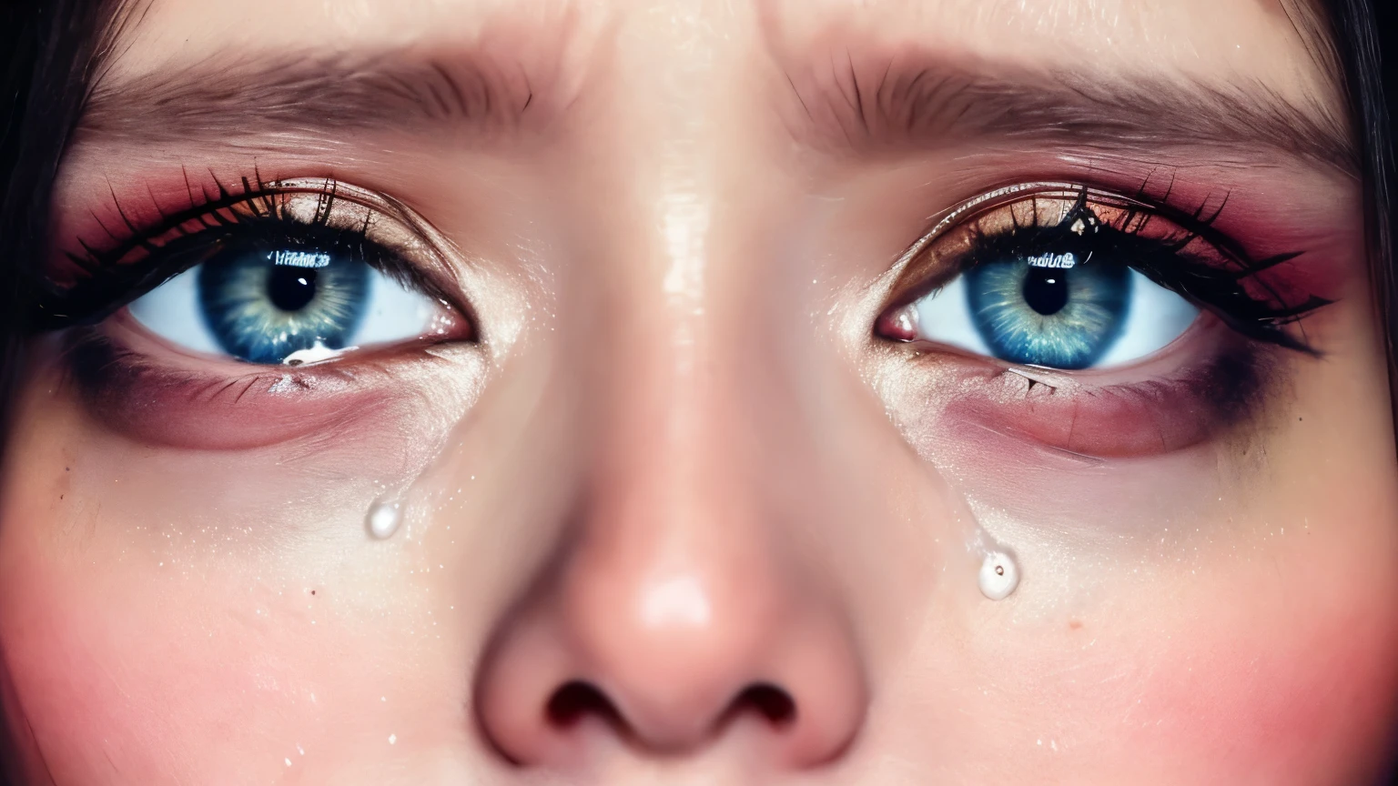 (Masterpiece, Best Quality)),realistic photo, large close-up of a woman's crying eyes, beautiful eyes, a lot of details of the pupil, crying eyes, visible tears in the inner corners of the eyes, eyes glazed with tears, very smudged and fuzzy make-up from tears, a lot of details, 8k, raw photo  (face mimic:cry), perfecteyes eyes,  ruined makeup, mascara tears