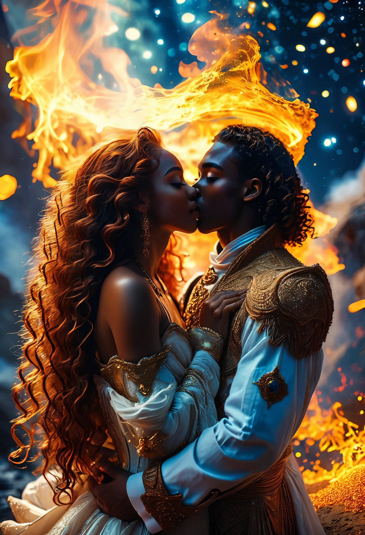 In a celestial dreamland landscape, a couple dressed luxuous, differents faces, they are all darkskin, (((young, in 20's))), (((one brown skin gingerhair1.5 woman))), (they are two différent and separate couple1.2). The couple is a brown skin duke long dark curly hair with a ginger long hair woman ((((kissing, love scene, hot scene))) dangerous scene, war, battle, luminuous stars, chaos, fire, destrctions, 8K, extremely detailed, high quality, (photorealistic:1.37), Full body, vibrant colors, perfect lighting, soulful expressions, celestial aura, majestic presence, dreamlike atmosphere, 8 k artistic photography, photorealistic concept art, soft natural volumetric cinematic perfect
