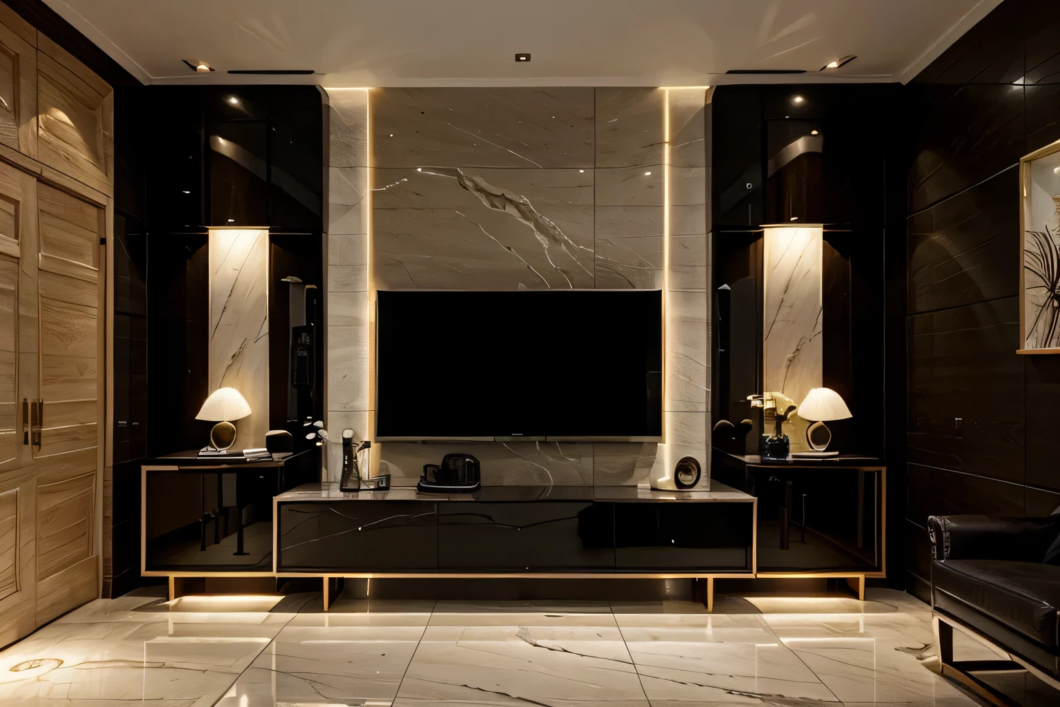 Modern design Luxury living room, marble flooring, wooden wall cladding, dark colours, luxury design, track lights