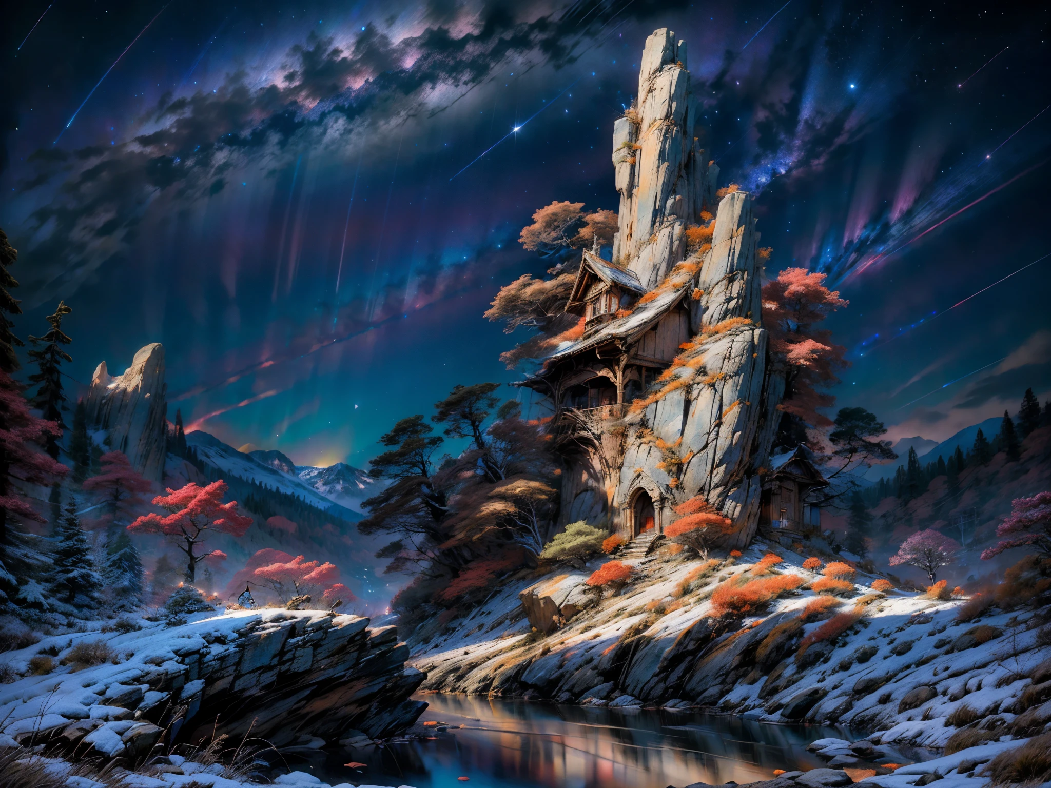 beautiful, landscape, fantasy mountain with cave in it, stars behind, red and blue colors, beautiful styles, vibrant colors, dusk time, high details, high quality, super detail, highres, 16k, 8k, ccurate