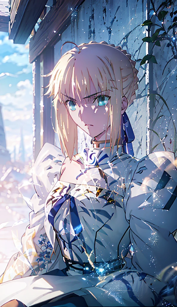 best quality, masterpiece, high resolution, alone, {Know_fate night ufotable:0.90}, 1 girl,, only_Shoulder, , white_skirt,yellow hair ，Dumb，, Strapless, Japanese cartoons_dyeing, big deal_breast，Saber face，seber，saber，seber，saber，seber，saber，seber，saber，seber，saber，seber，saber，seber，saber，seber，saber，yellow hair，yellow hair，yellow hair