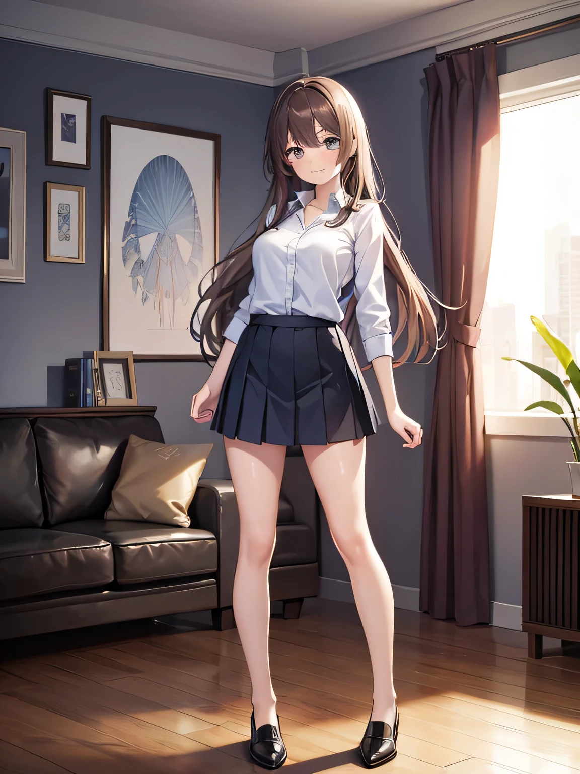 (1) there is one woman, She rolls up her skirt to show her beautiful legs,
(2) she is standing, I would like you to draw a picture of the whole body with legs visible.,
(3) The woman wears a light blue V-neck knit over a white collared shirt.、She is wearing a black pleated miniskirt。,
(4) The slightly exposed pants are light blue and have a flashy pattern.,
(5) The woman has medium-long brown hair., shining eyes, and provocative, grinning expression,
(6) The location is the living room of the apartment.,
(7) highest quality, High resolution, realistic pictures, realistic skin,
