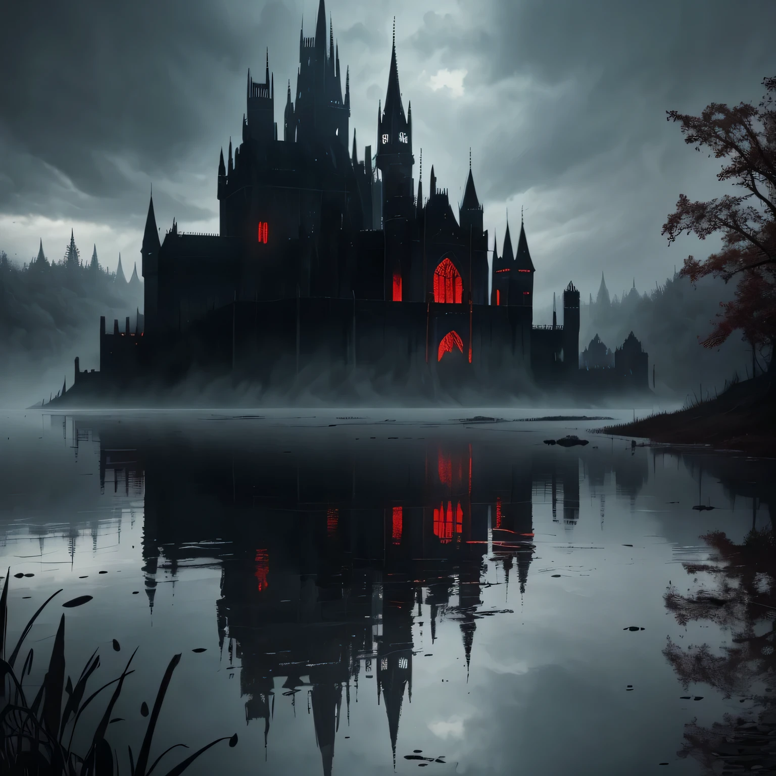 evil atmosphere, neo-gothic style, water and dark fantasy castle and blood fog fusion, reflection, lake, heavy rain, vector graphic,