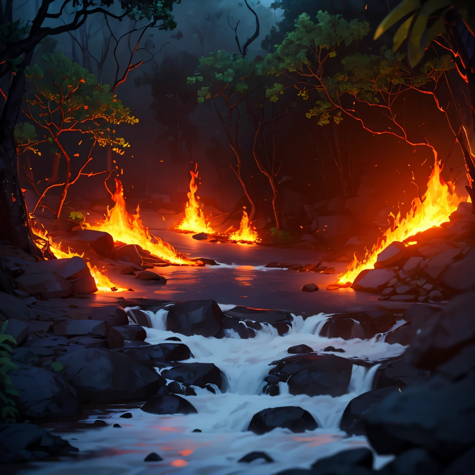 BattleMap, burning wooden gate with a river flowing through it, many fire, lava, rainforest, jungle, creepy, dark, gloomy, ultra realistic 8k cg, HDR, beautiful detailed glow, perfect artwork, masterpiece, detailed, 