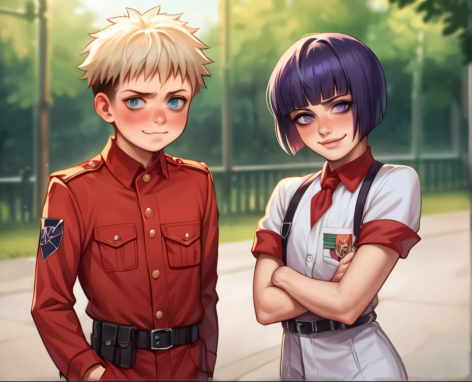 score_9, score_8_up, source_realistic, Realistic photo, photo, real, Realistic, score_9, score_8_up, score_7_up, source_anime, score_9, 1girl, 1boy, hellsing, seras victoria, standing next to a kid, shota, femboy, shota boy, standing bext to each other, presenting, smug, shy, blush, shota boy, shota boy raven, dark skinned male