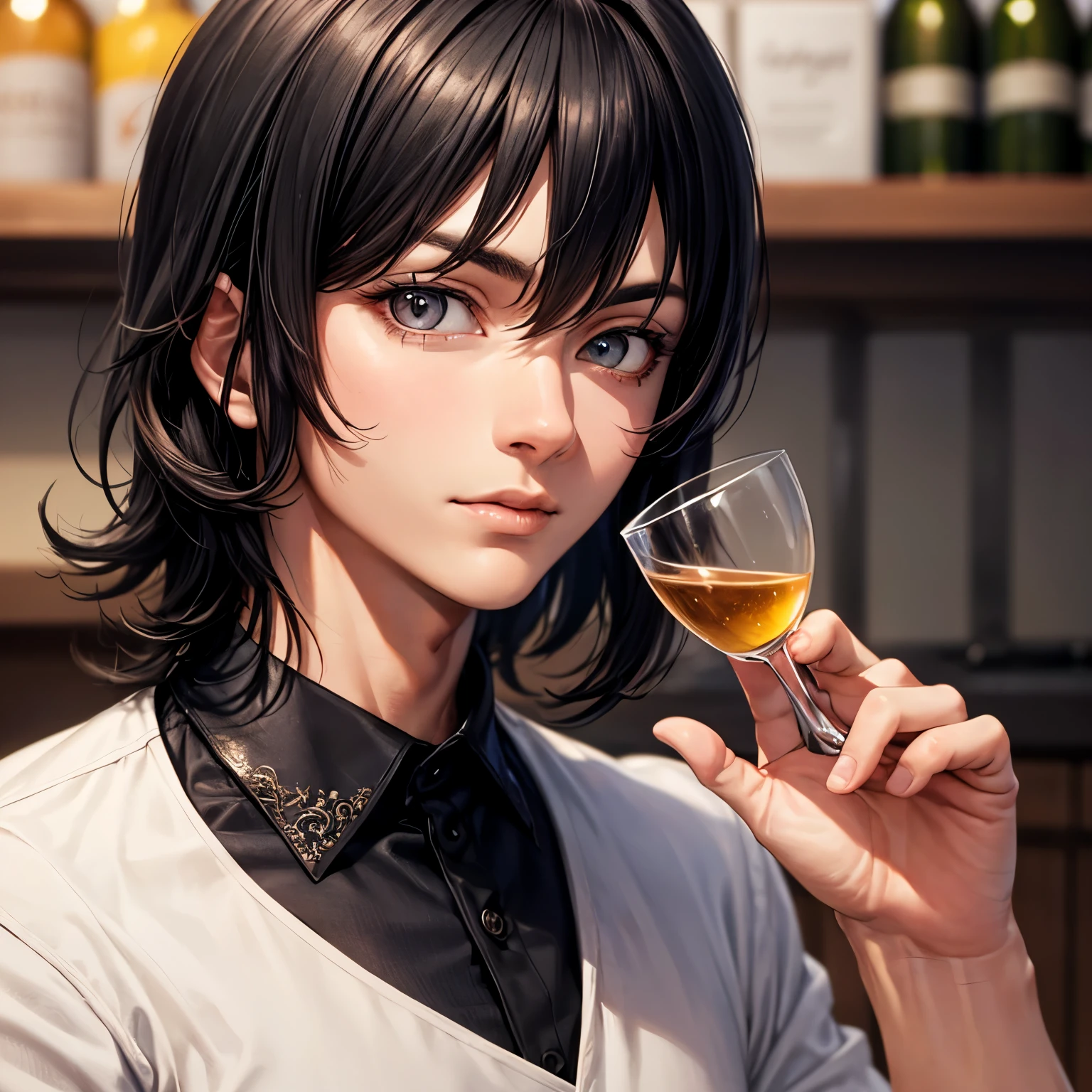 (master piece), (best quality), (super detailed), (Close-up:1.3), (face focus:1.4), profile, facing left, ((black hair, Handsome guy:1.3)), 30 years old, solo,((black hairのオールバック:1.4)), (Cool long slit eyes:1.3), holding a wine glass in one hand, image of toast, perfect hands, wearing a black suit, (bar counter background:1.3), masterpiece, 32k