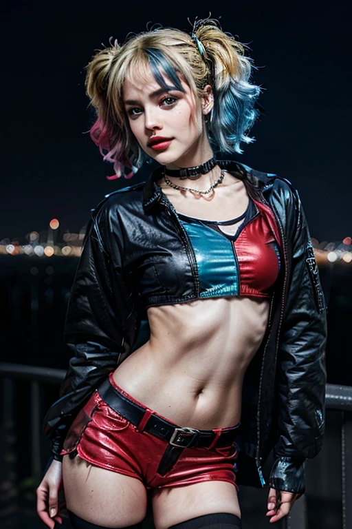 Good quality,Human development report,Ultra clear,8k,bright colors,Single,Front view,picture_(Mediation),(Looking at the viewer:1.2),(1girl:1.3), Cowboy shot,in the fresh air,City lights,Night sky, harley quinn,(Two-tone poetry:1.3),Twintel,
ultra realistic,movie,