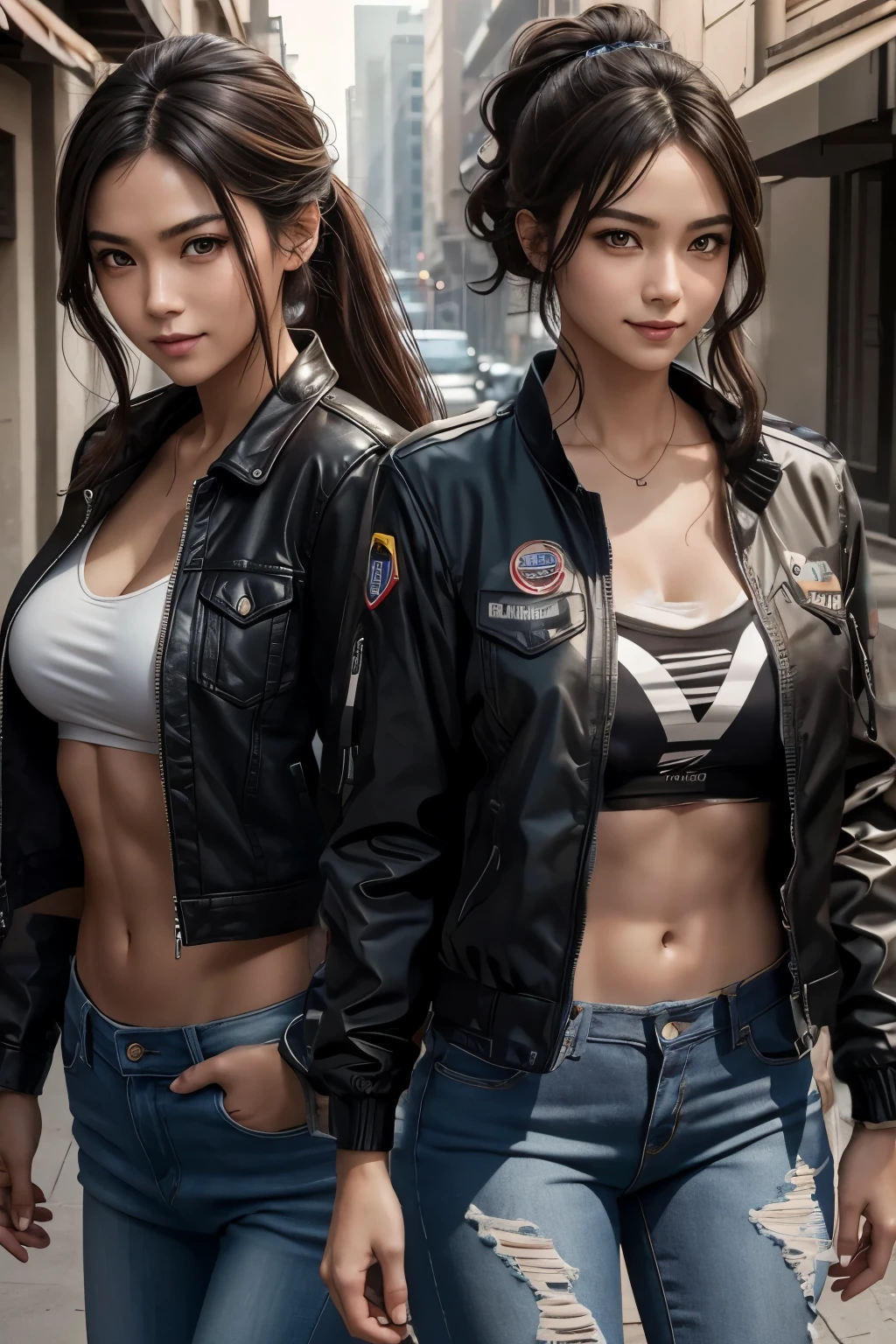 8K,Commemorative photo of twin sisters,super beautiful(like the real thing),My sister is cool, short, and has very big breasts..,lean muscular body,sexy,clear eyes,black eye,cool smile,black long perm,black jeans,compensate,super realistic skin,my sister is tall and muscular,muscular slim body,severely cracked abs,Big eyes,black eye,light brown hair ponytail,派手なcompensate,blue jeans,A bold smile,masterpiece,Photorealistic RAW photos of the highest quality。bright colors,rich colors, Backlight, cinematic lighting, film grain, to be born, 50MM lens, Nikon D850,detailed character art,fantasy art,ultra high resolution,super realistic skin,perfect hand shape,In front of an abandoned temple,beautiful expression,close,beautiful sisters(like the real thing),compensate,ダイナミックなsexyポーズ,1 My sister is wearing a denim jacket.,Violent and strongly cracked abdominal muscles,Punk up the muscles of the whole body,My tall sister has very small breasts.,1 My short sister is wearing a black jacket.,my sister's breasts are very big,