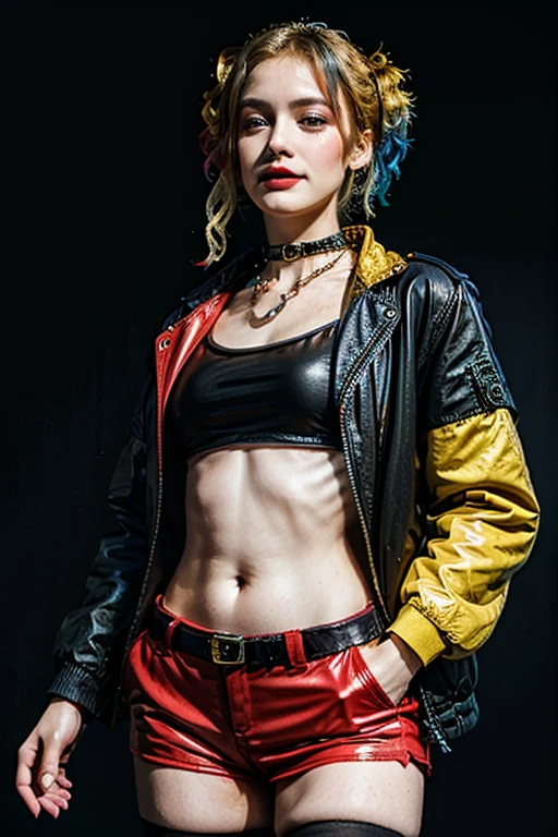 full-length portrait) Beauty Harley Quinn, red and blue hair, bellybutton, pretty face, (Detailed Face), earphones, (Detailed eyes with a perfect round iris), mischievous smile, Daring pose, [Piercings and tattoos], Short shorts unbuttoned revealing her vagina,(detailed clothes), Joe Madureira's masterpiece, inspired by Magali Villeneuve, Anne Stokes, Luis Royo and WLOP, 8K Ultra HD, insanely ultra-realistic, (High Detail RAW Color Photo, Professional photo, Large photo, Studio image), Cool figure (the perfect body), (a perfect face), (((underboob)))