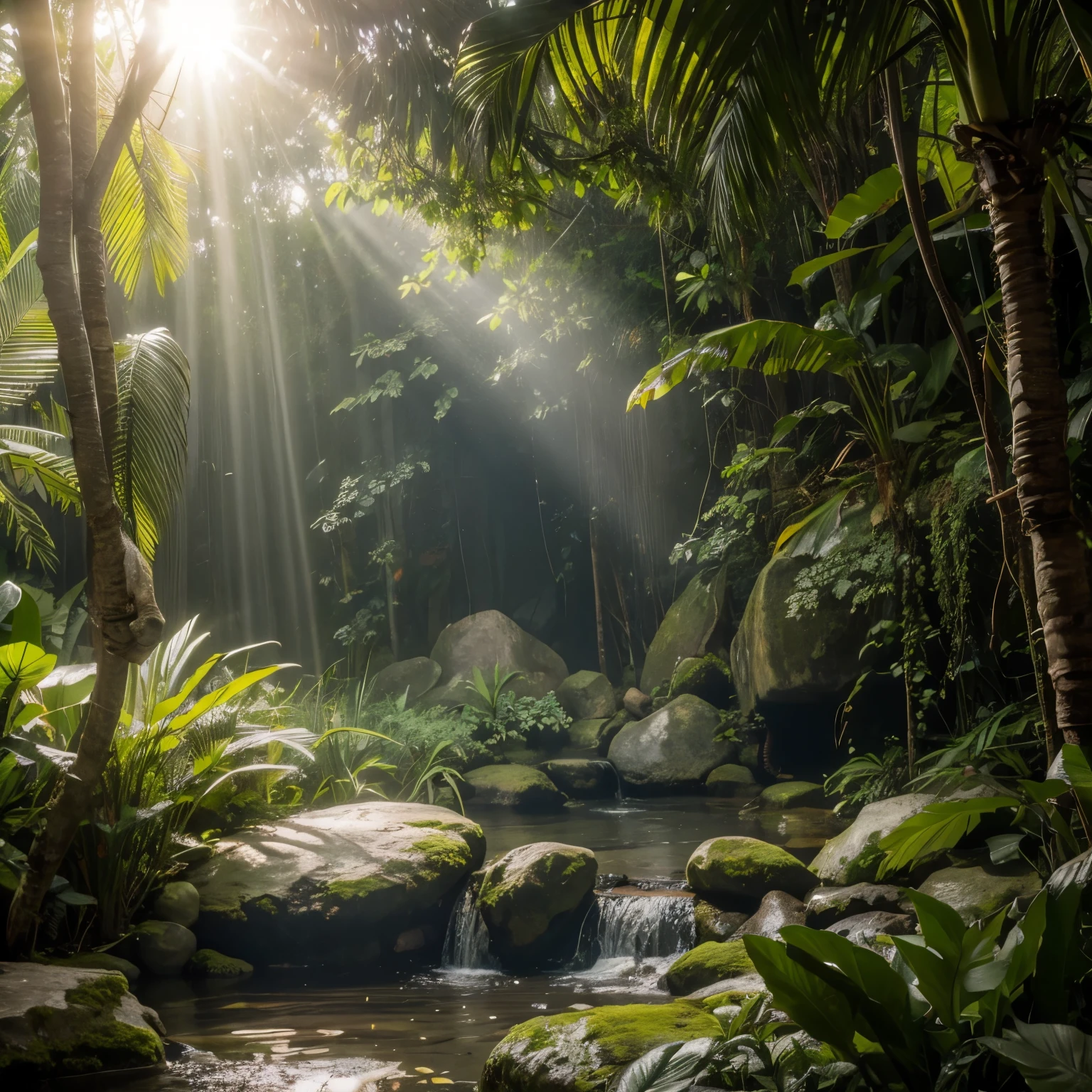 in the jungle,Sunlight shines on a stone,Realistic style