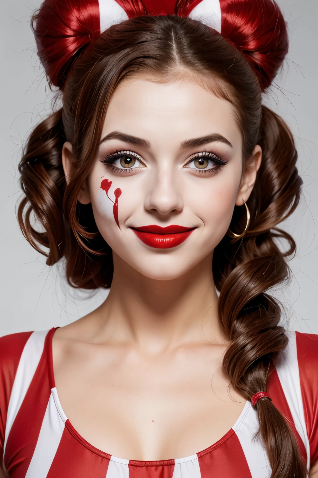 beautiful attractive girl, smiling, with clown makeup, nose painted red, dressed as a clown, with an all opaque white background, white and red striped clothes.