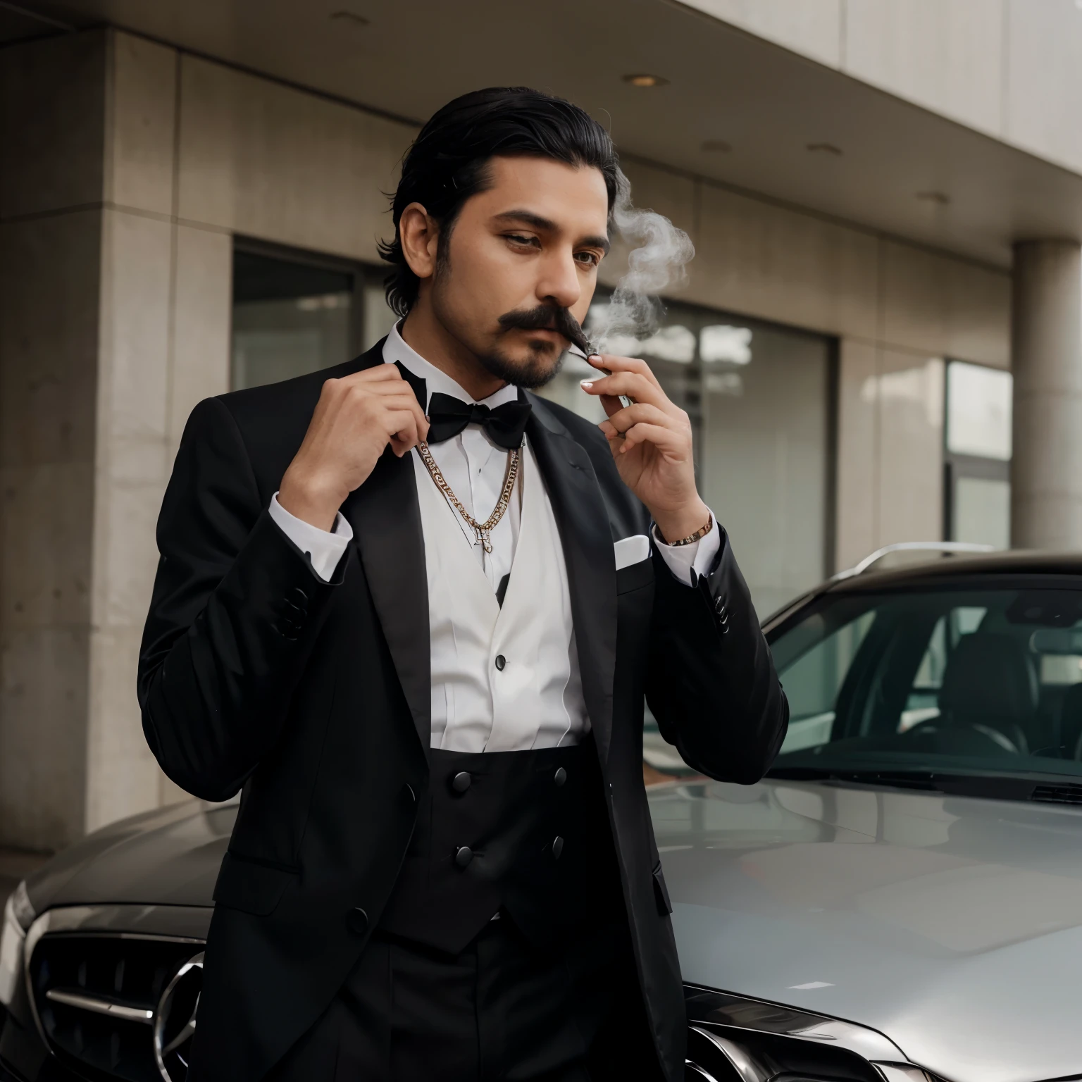 Make a picture of me wearing black tuxedo designed by brioni, coming out from black Mercedes Benz AMG, smoking ciggerate on my left hand, talking on mobile by right hand, having a white gold chain on neck , medium beard , handle bar mustache, backbrush black hair
