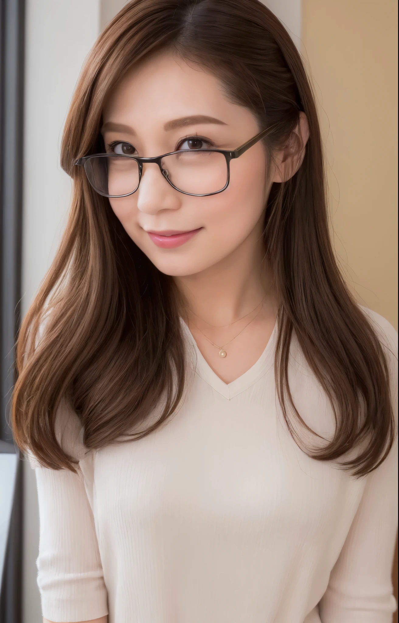 (Best quality, 8k, 32k, Masterpiece, UHD:1.2), from behind, 1 girl, beautiy Japanese office lady, (smile:0.5), (looking at the viewer), 30 years old, bit chubby, white shirt, rimmed glasses, black skirt, office room, desk, detailed beautiful face, pony-tail hair, from below,