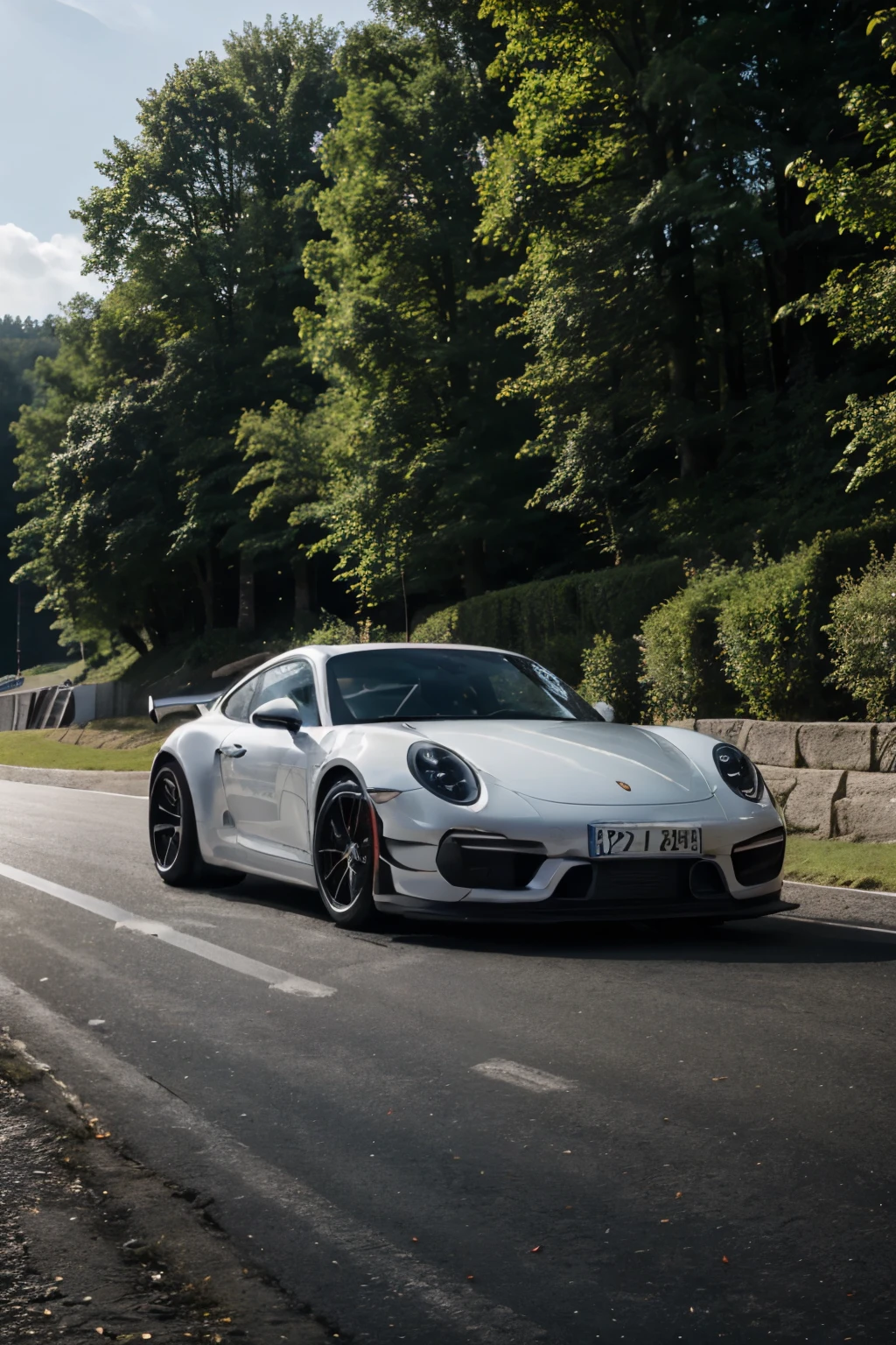 make me a high quality image of a Porsche 992 GT racing in Spa on a sunny afternoon