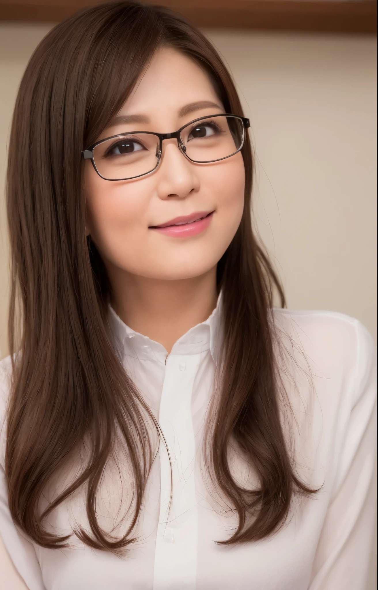 (Best quality, 8k, 32k, Masterpiece, UHD:1.2), from behind, 1 girl, beautiy Japanese office lady, (smile:0.5), (looking at the viewer), 30 years old, bit chubby, white shirt, rimmed glasses, black skirt, office room, desk, detailed beautiful face, pony-tail hair, from below,