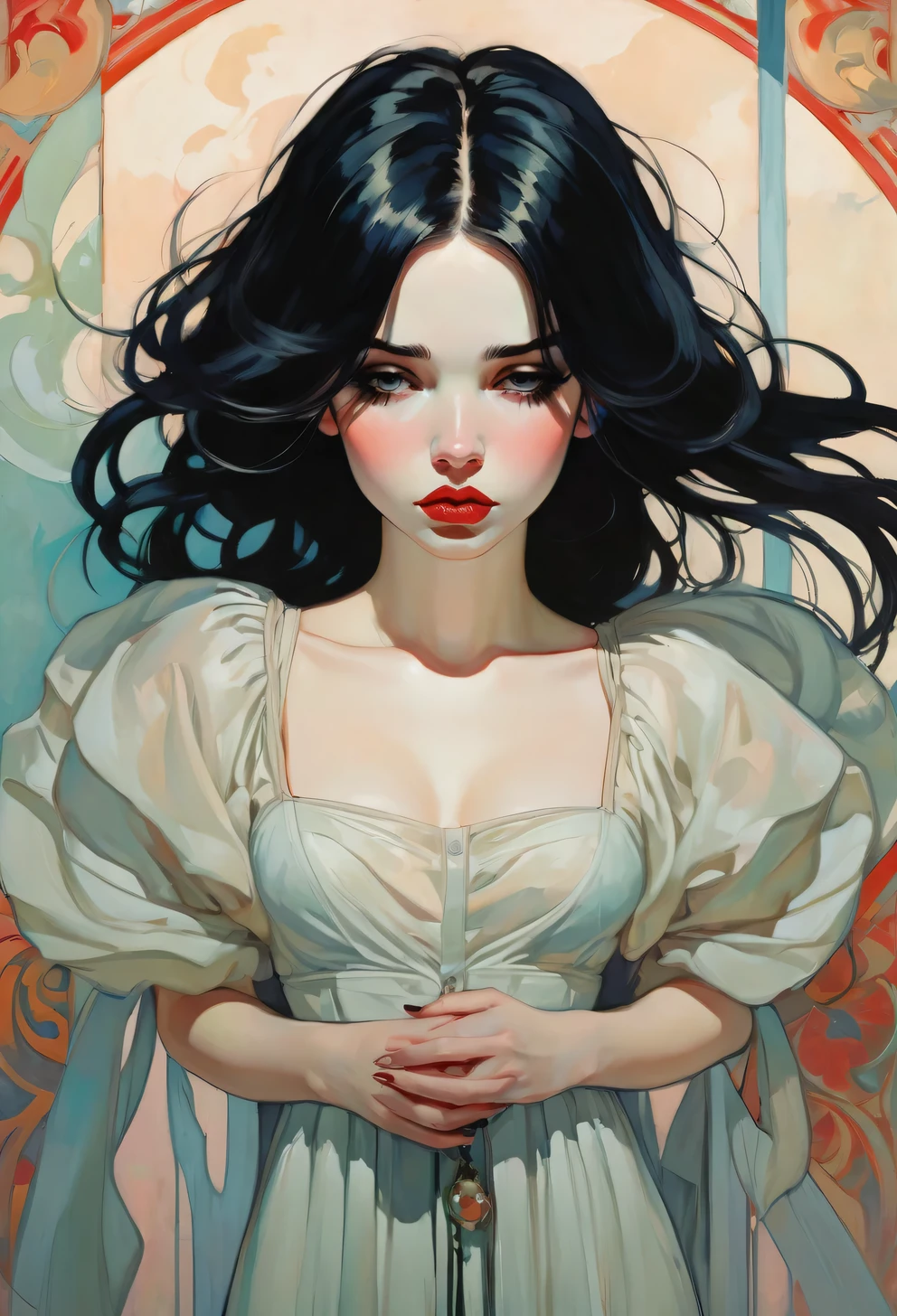 ((Blondehair)),Malcolm Liepke style,mucha, frontage, 1girl, black hair, long hair, lips, closed mouth, emotional painting, pale color pallete