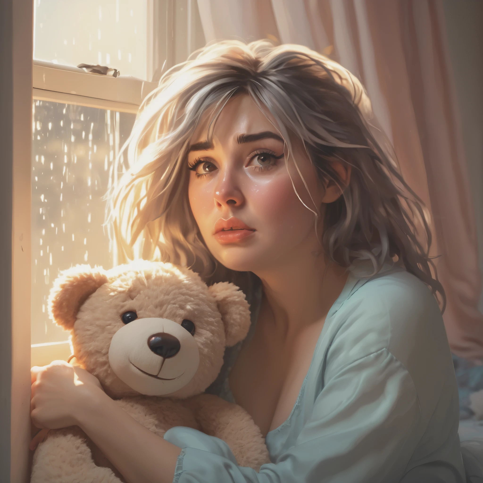 (highres,realistic:1.2),cute woman,mad woman,cartoonishly exaggerated sobbing,puffy cheeks,puffy eyes,tears shooting out like little streams of water,holding teddy bear,emotional meltdown,cute and expressive facial expressions,soft pastel colors,dramatic lighting,vibrant background,realistic tears,delicate textures,satin material for her pajamas,comfortable bedroom setting,soft sunlight filtering through the window,warm and cozy atmosphere,messy hair flying in the air