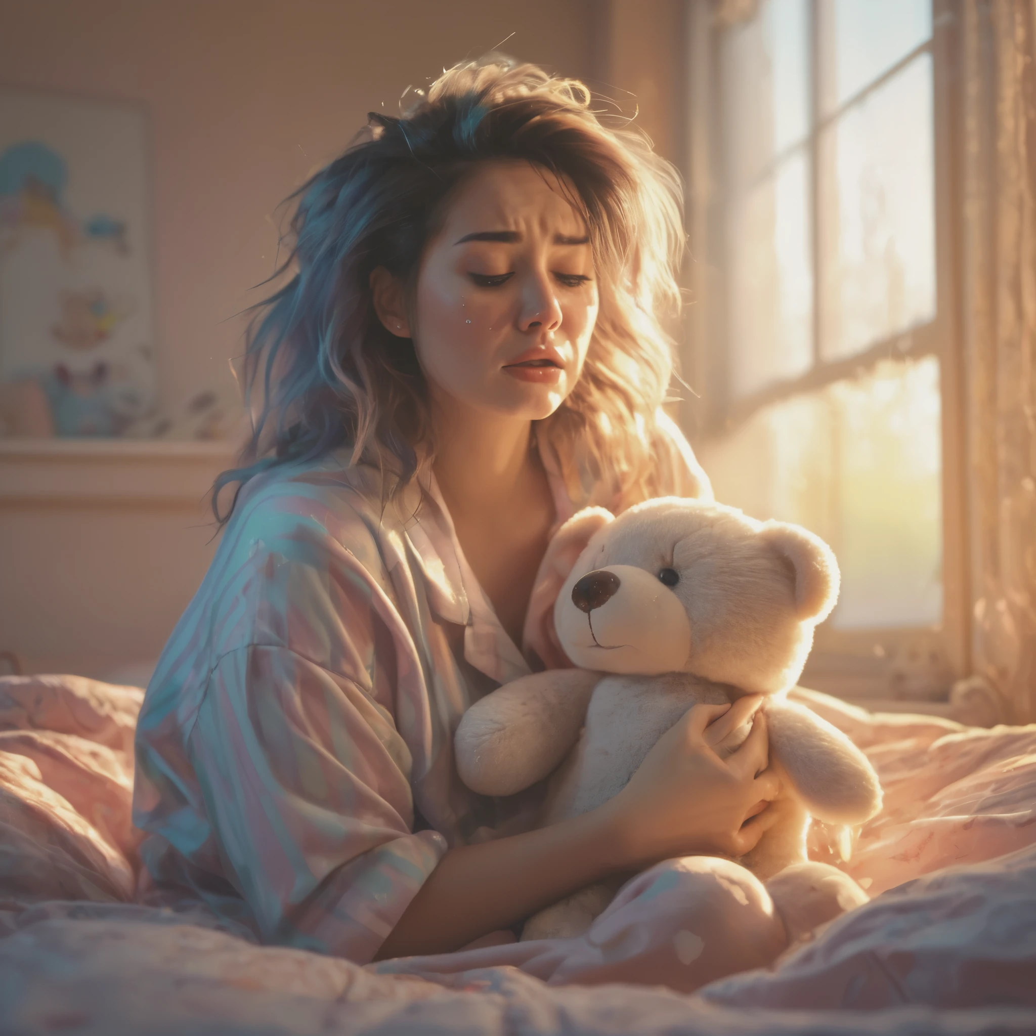 (highres,realistic:1.2),cute woman,mad woman,cartoonishly exaggerated sobbing,puffy cheeks,puffy eyes,tears shooting out like little streams of water,holding teddy bear,emotional meltdown,cute and expressive facial expressions,soft pastel colors,dramatic lighting,vibrant background,realistic tears,delicate textures,satin material for her pajamas,comfortable bedroom setting,soft sunlight filtering through the window,warm and cozy atmosphere,messy hair flying in the air