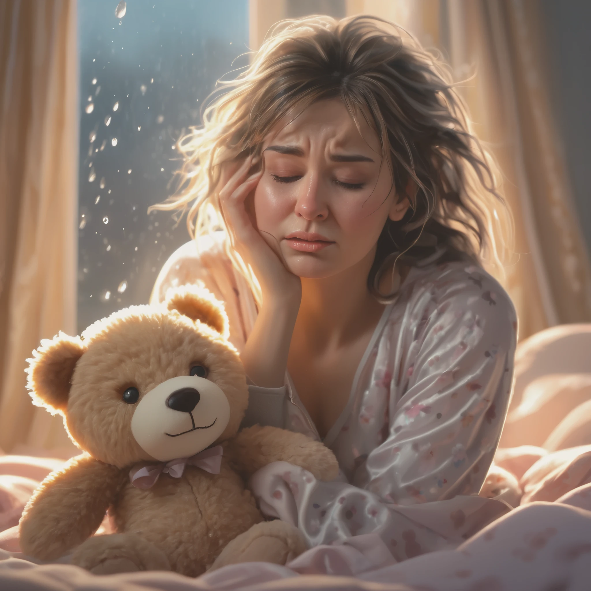 (highres,realistic:1.2),cute woman,mad woman,cartoonishly exaggerated sobbing,puffy cheeks,puffy eyes,tears shooting out like little streams of water,holding teddy bear,emotional meltdown,cute and expressive facial expressions,soft pastel colors,dramatic lighting,vibrant background,realistic tears,delicate textures,satin material for her pajamas,comfortable bedroom setting,soft sunlight filtering through the window,warm and cozy atmosphere,messy hair flying in the air